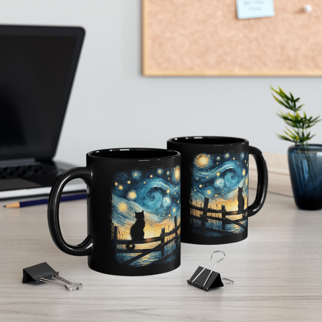 Starry Night Cat mug | Black Ceramic Coffee Cup