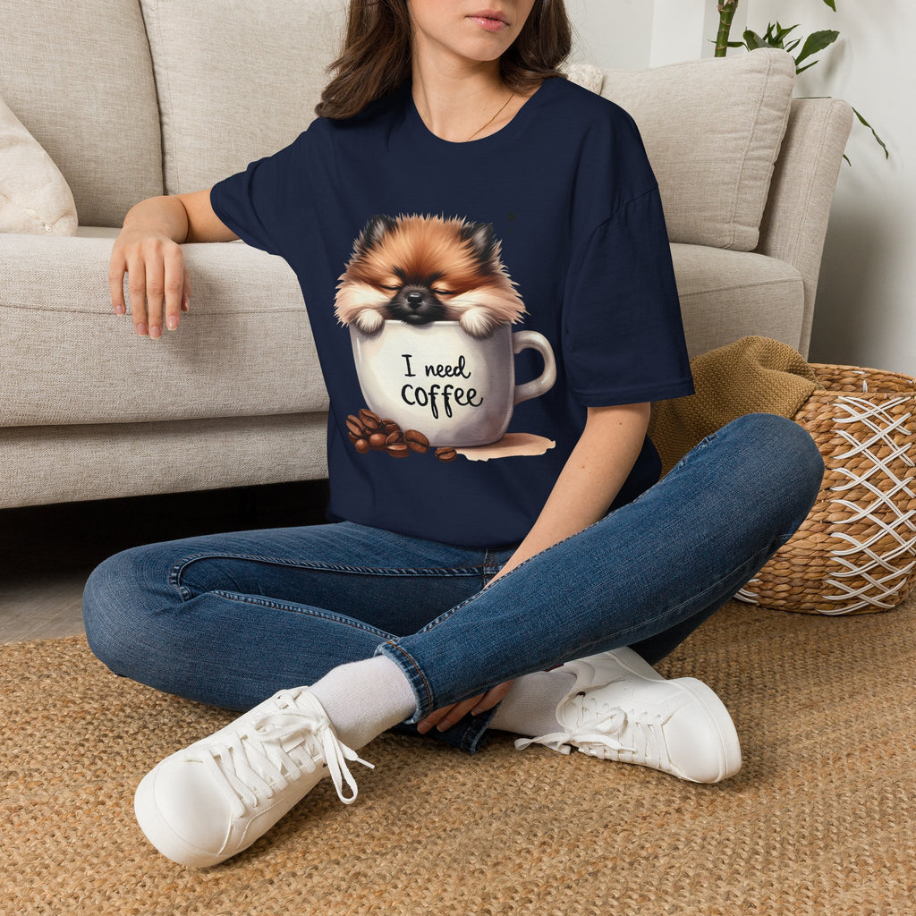 Cute Pomeranian in Coffee Mug T-Shirt | I Need Coffee, Dog Coffee Tee