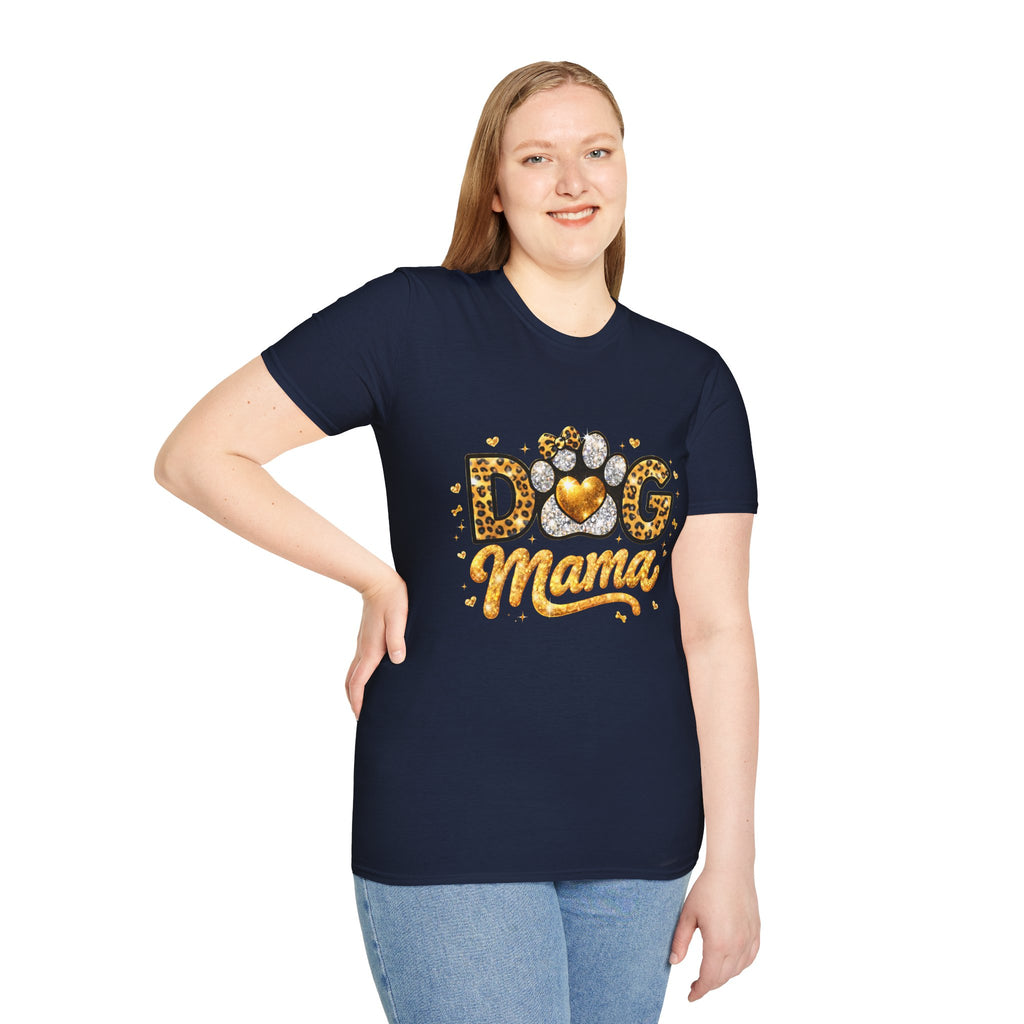 Dog Mama T-Shirt | Leopard Heart Paw Print, Gold Glitter Script