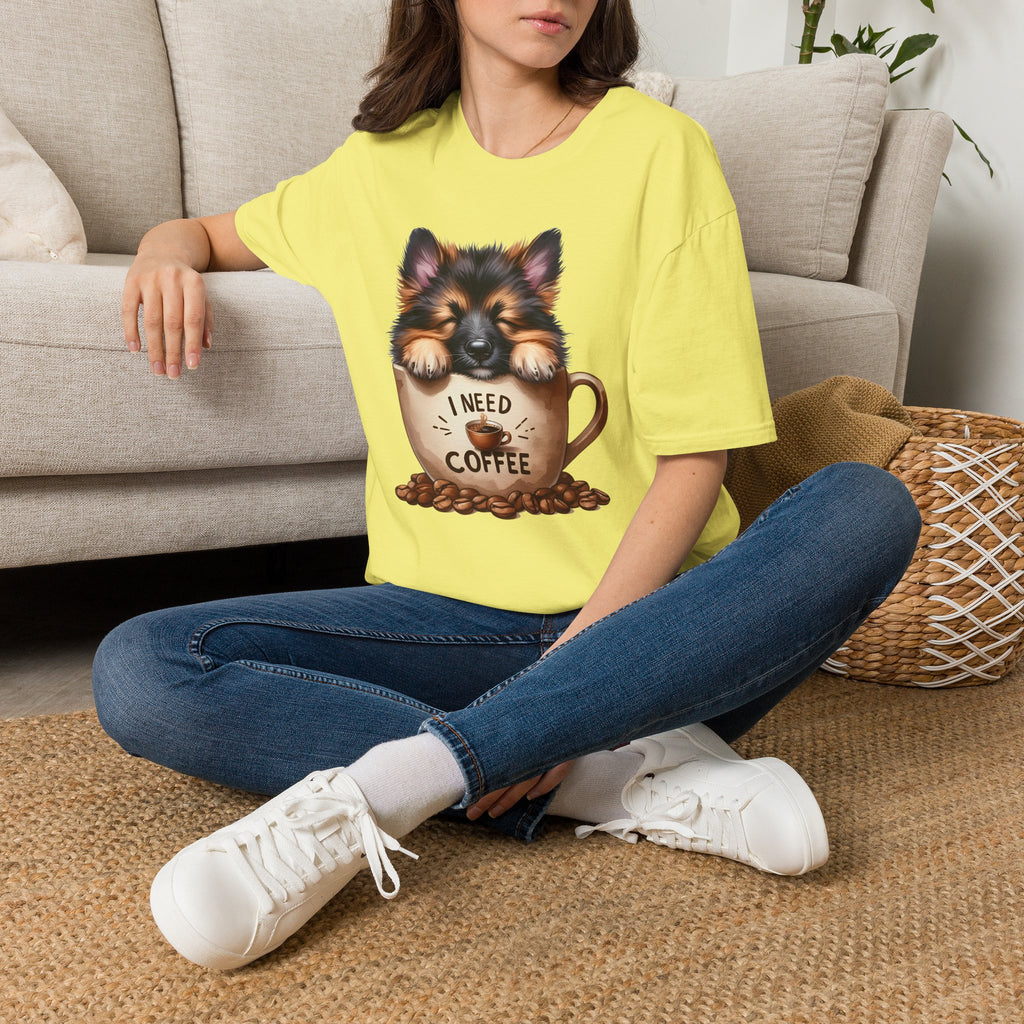 German Shepherd Puppy I Need Coffee T-Shirt | Cute Dog Coffee Design