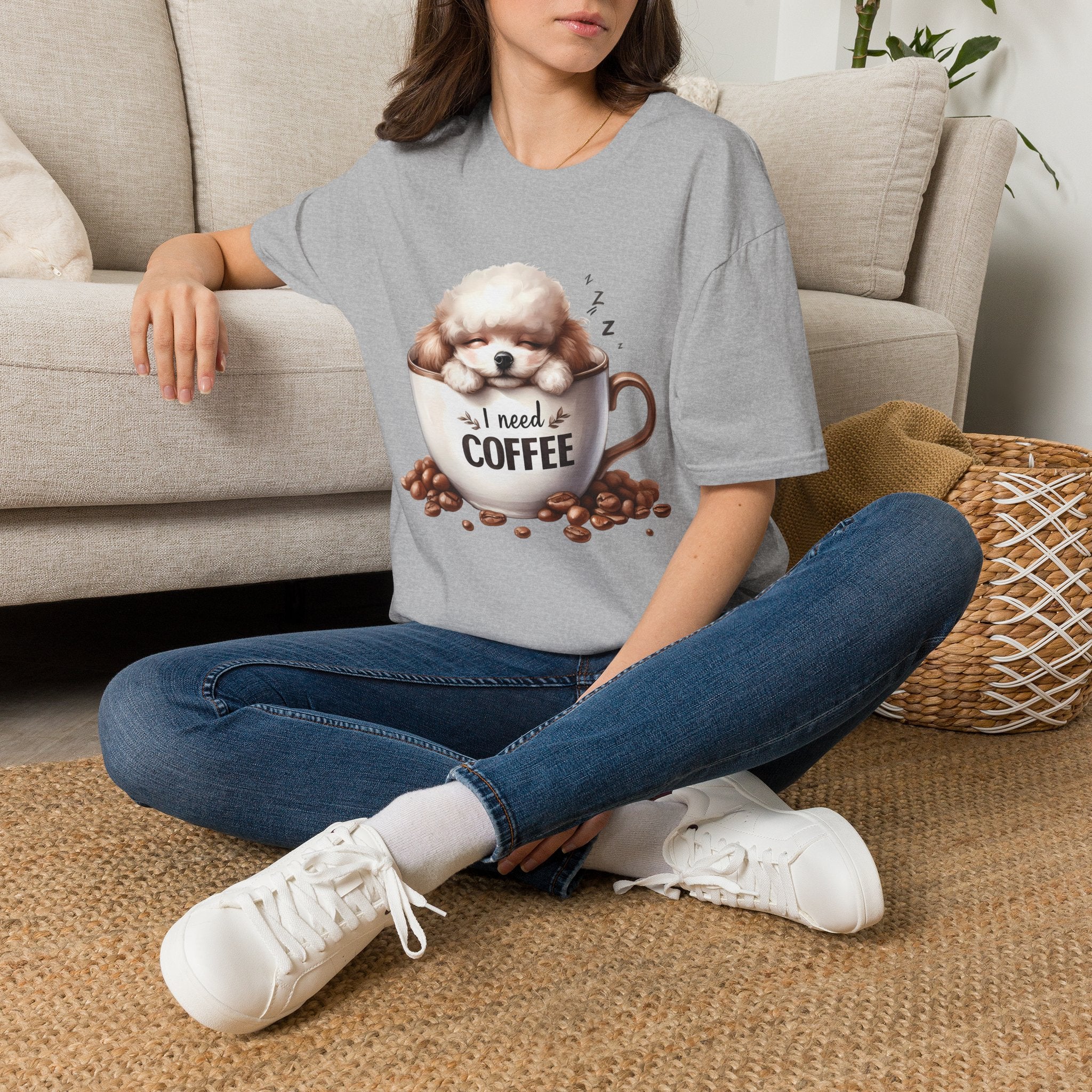 Sleeping Puppy in Coffee Cup T-Shirt | I Need Coffee Dog Design