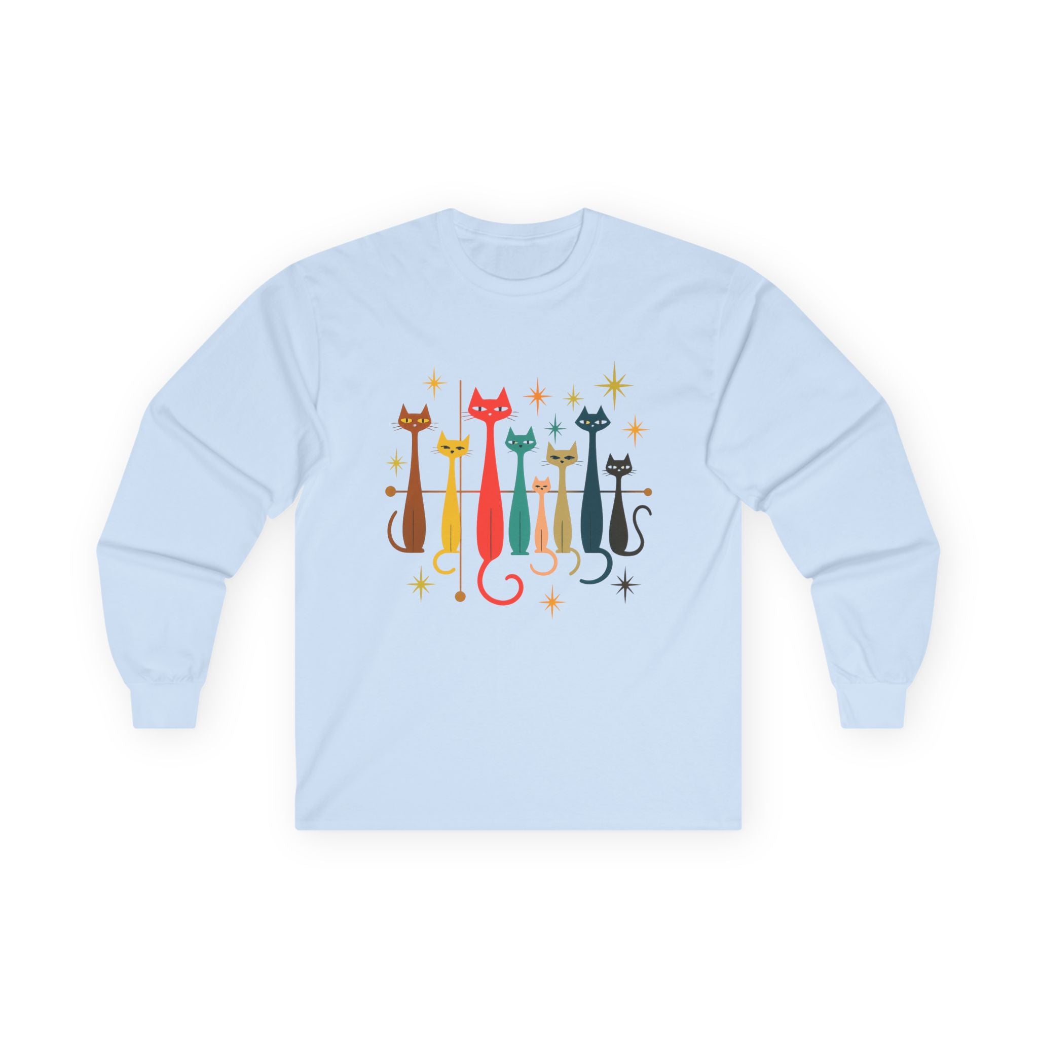 Retro Colorful Cats 1950s 1960s Long Sleeve Tee | Mid-Century Modern Kitty Illustration