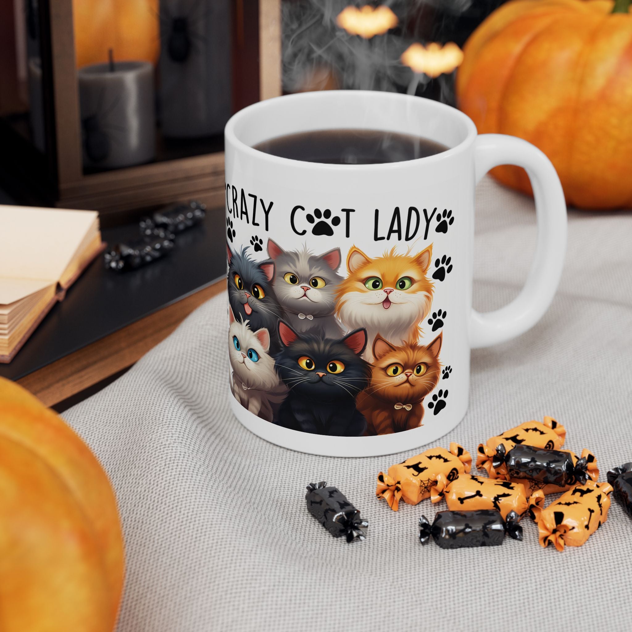 Crazy Cat Lady Cats mug | Cute cartoon kittens paw prints ceramic mug