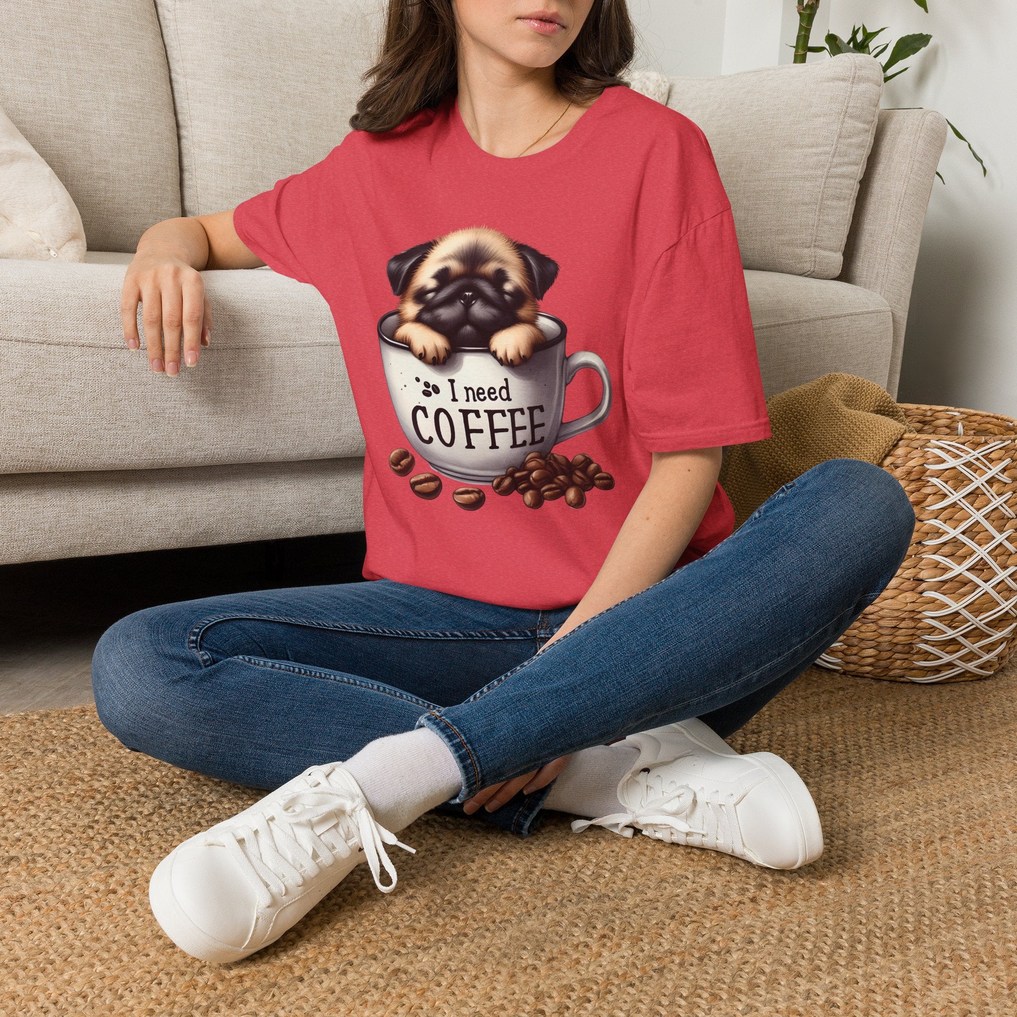 Puppy in Coffee Cup I Need Coffee T-Shirt | Cute Pug Coffee Tee