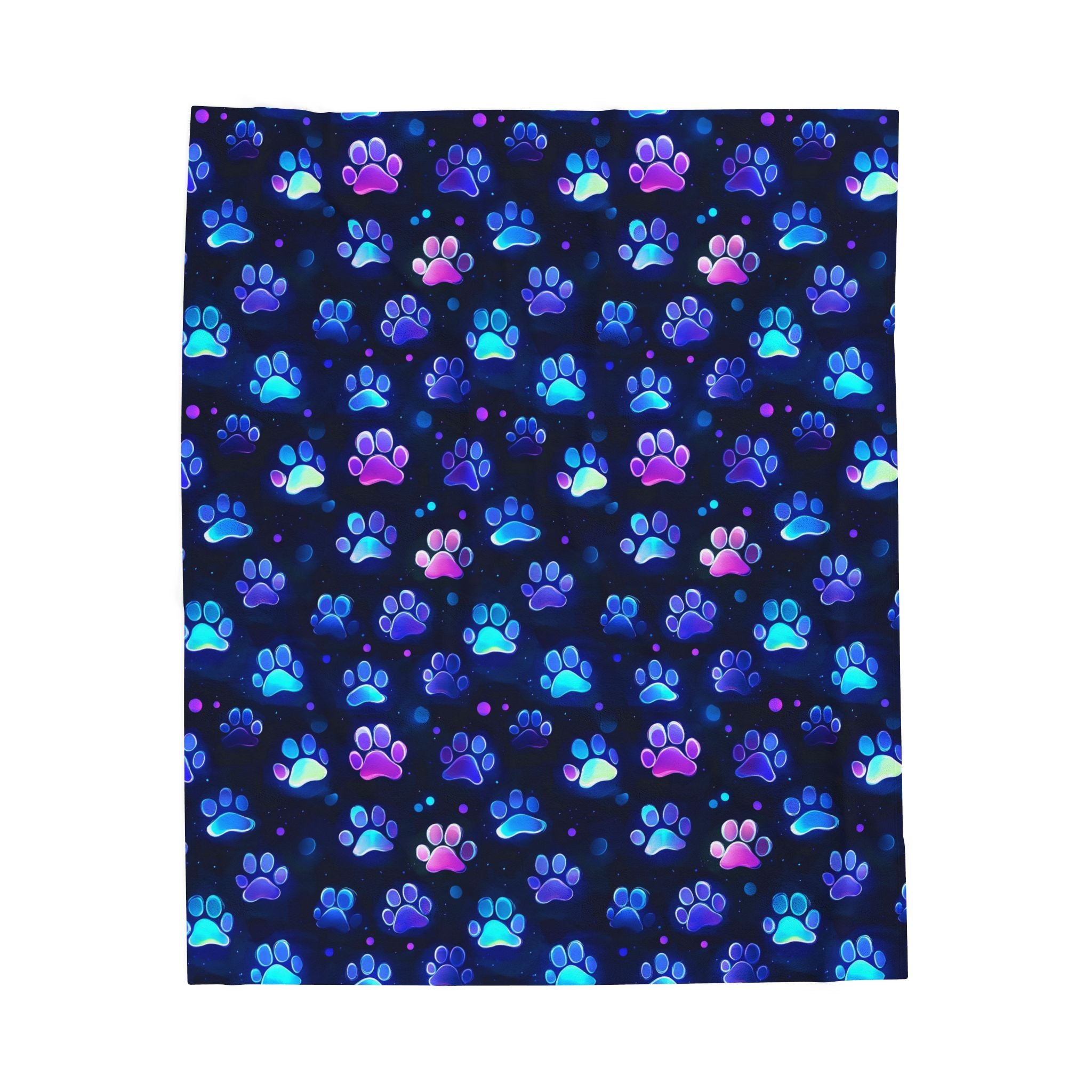 Neon Paw Prints Velveteen Plush Blanket | Blue Purple Gradient Paw Pattern