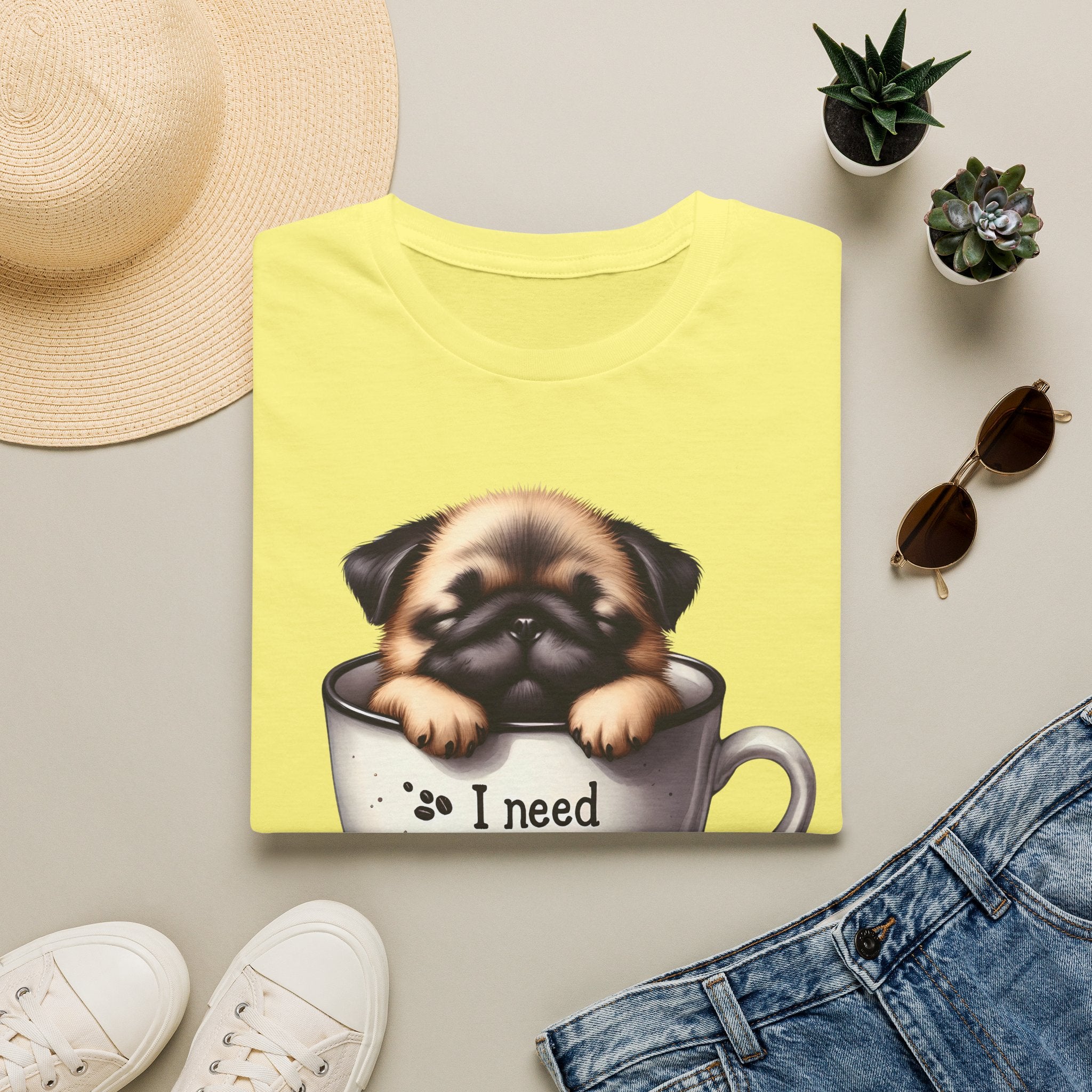 Puppy in Coffee Cup I Need Coffee T-Shirt | Cute Pug Coffee Tee