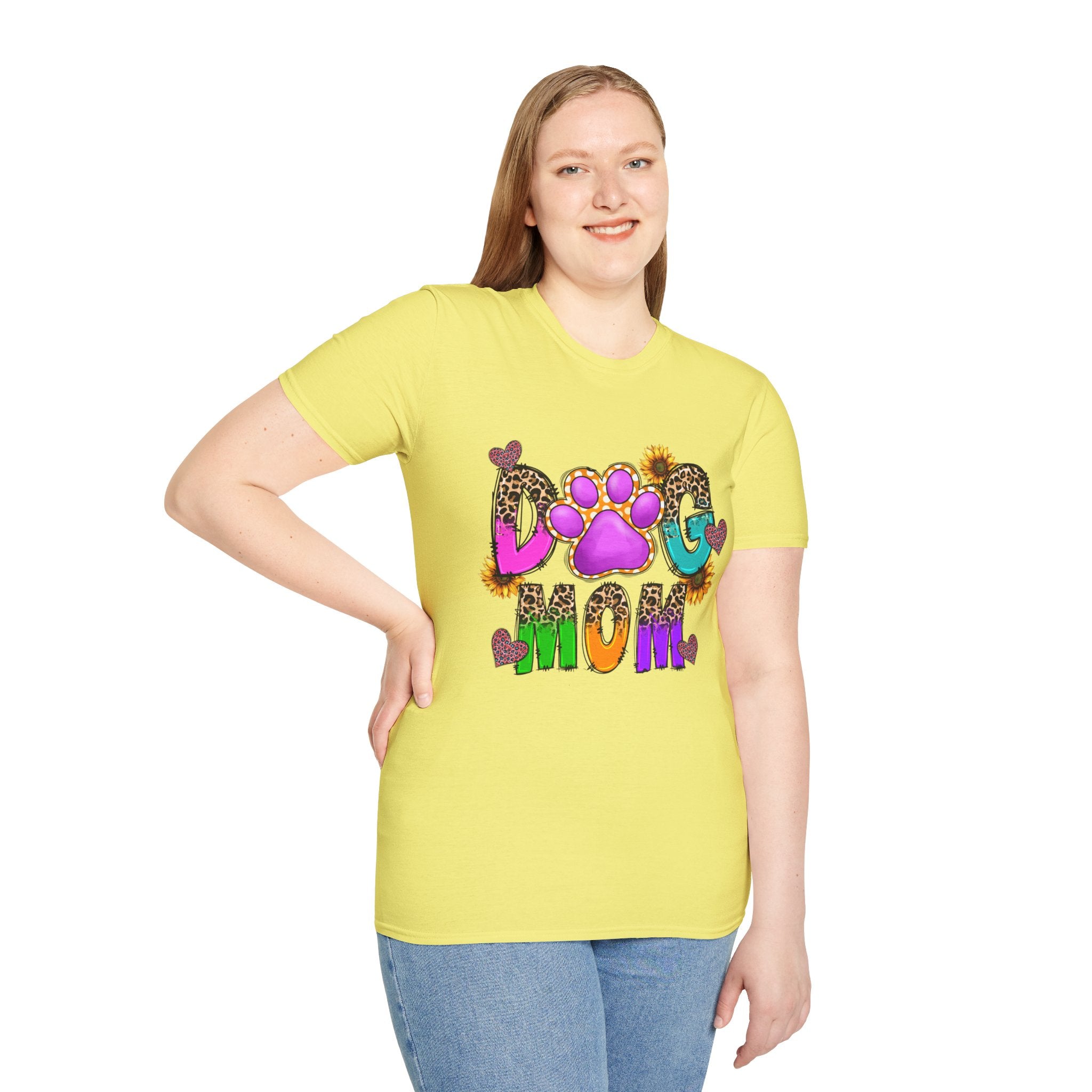 Dog Mom colorful paw print design T-Shirt | leopard hearts sunflower accents