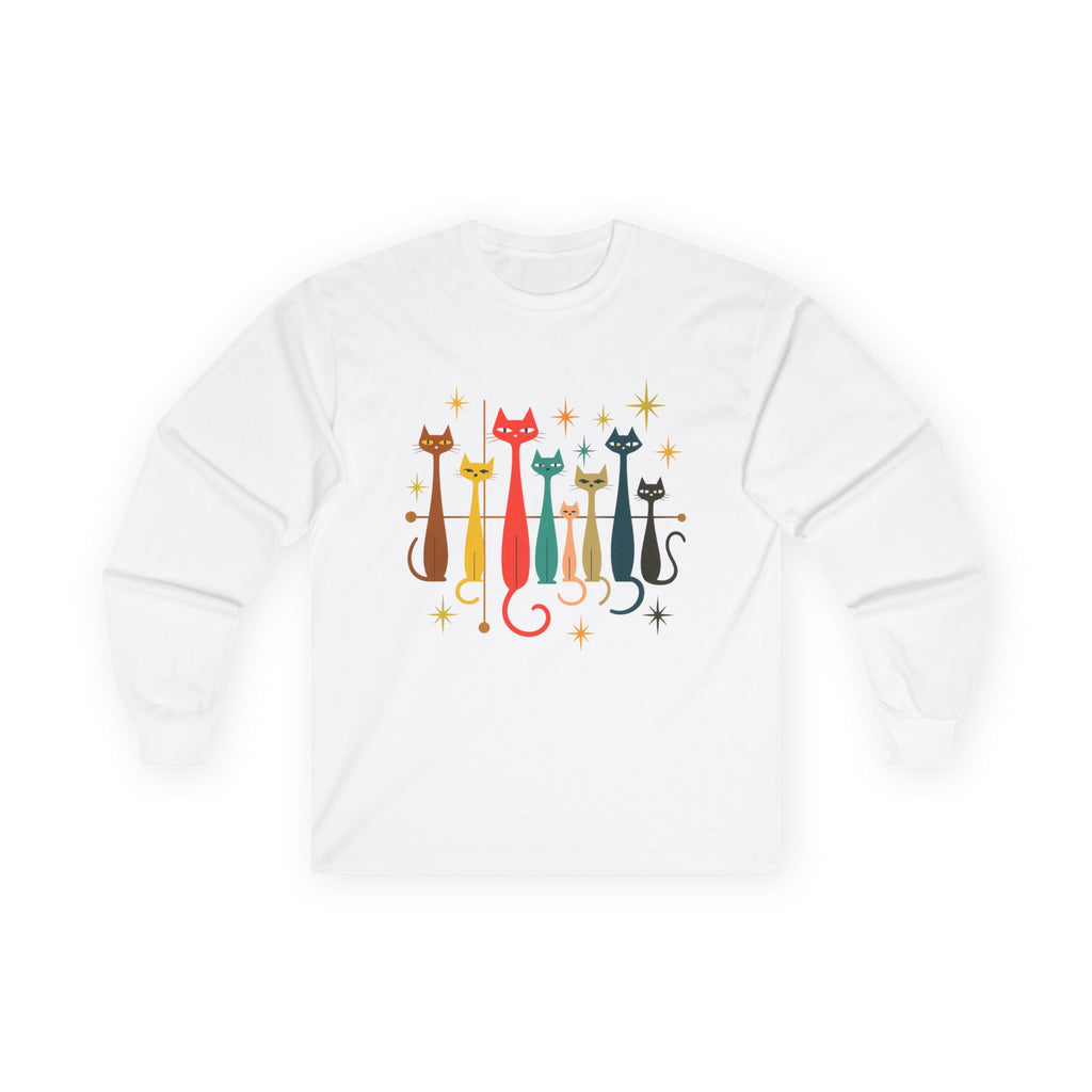 Retro Colorful Cats 1950s 1960s Long Sleeve Tee | Mid-Century Modern Kitty Illustration