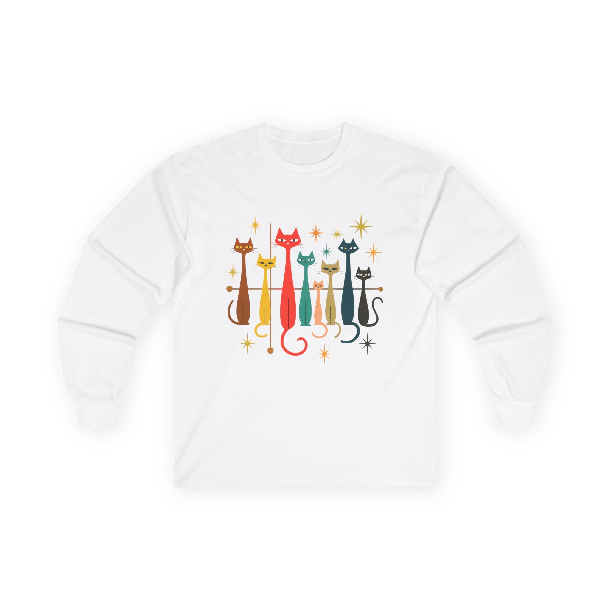 Retro Colorful Cats 1950s 1960s Long Sleeve Tee | Mid-Century Modern Kitty Illustration