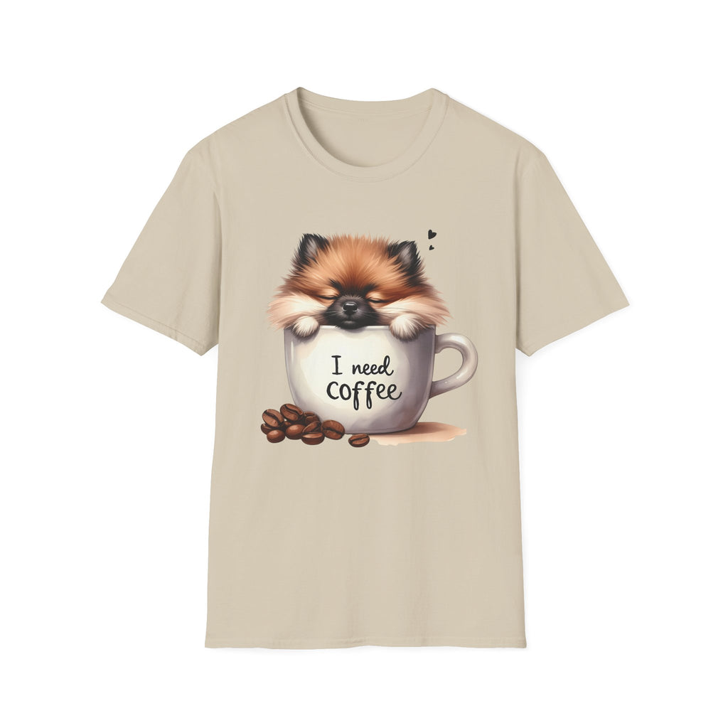 Cute Pomeranian in Coffee Mug T-Shirt | I Need Coffee, Dog Coffee Tee