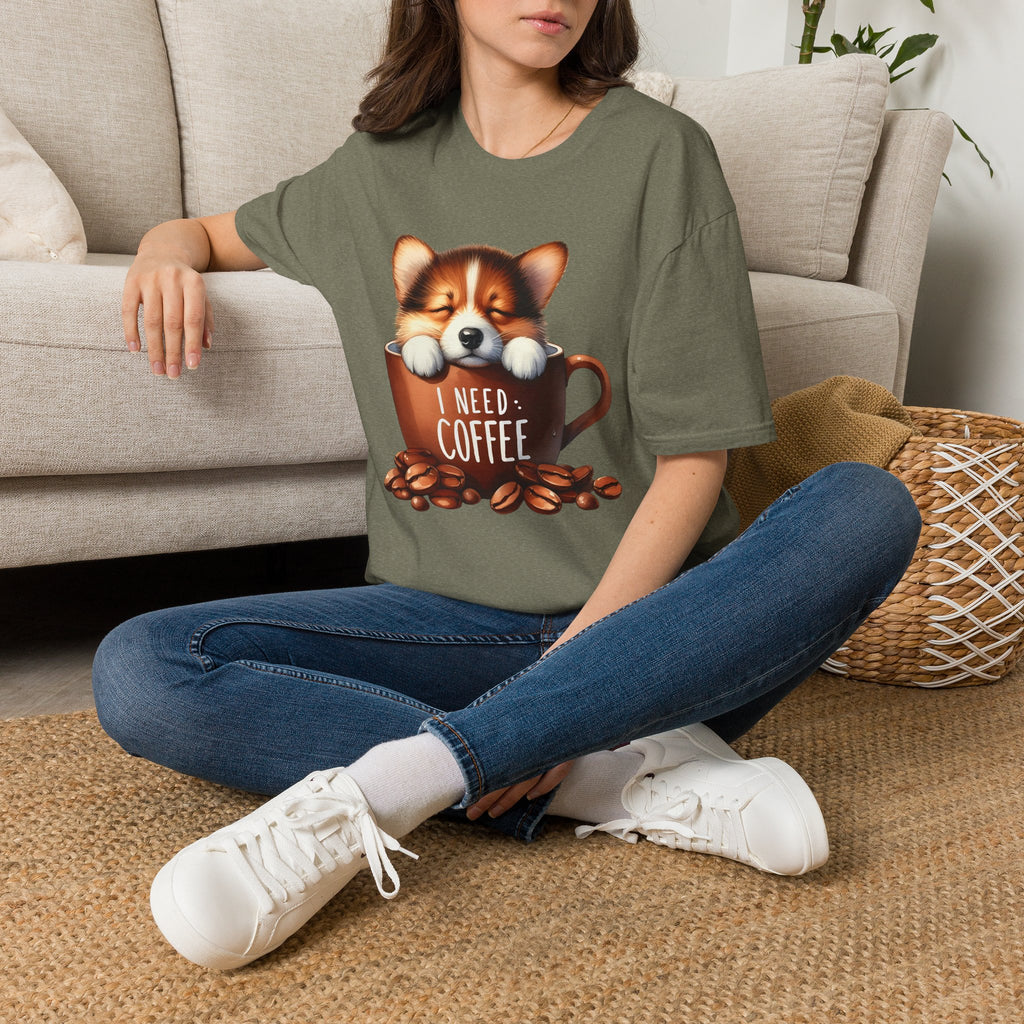 Sleeping Puppy in Coffee Cup T-Shirt | I Need Coffee, Cute Corgi Mug