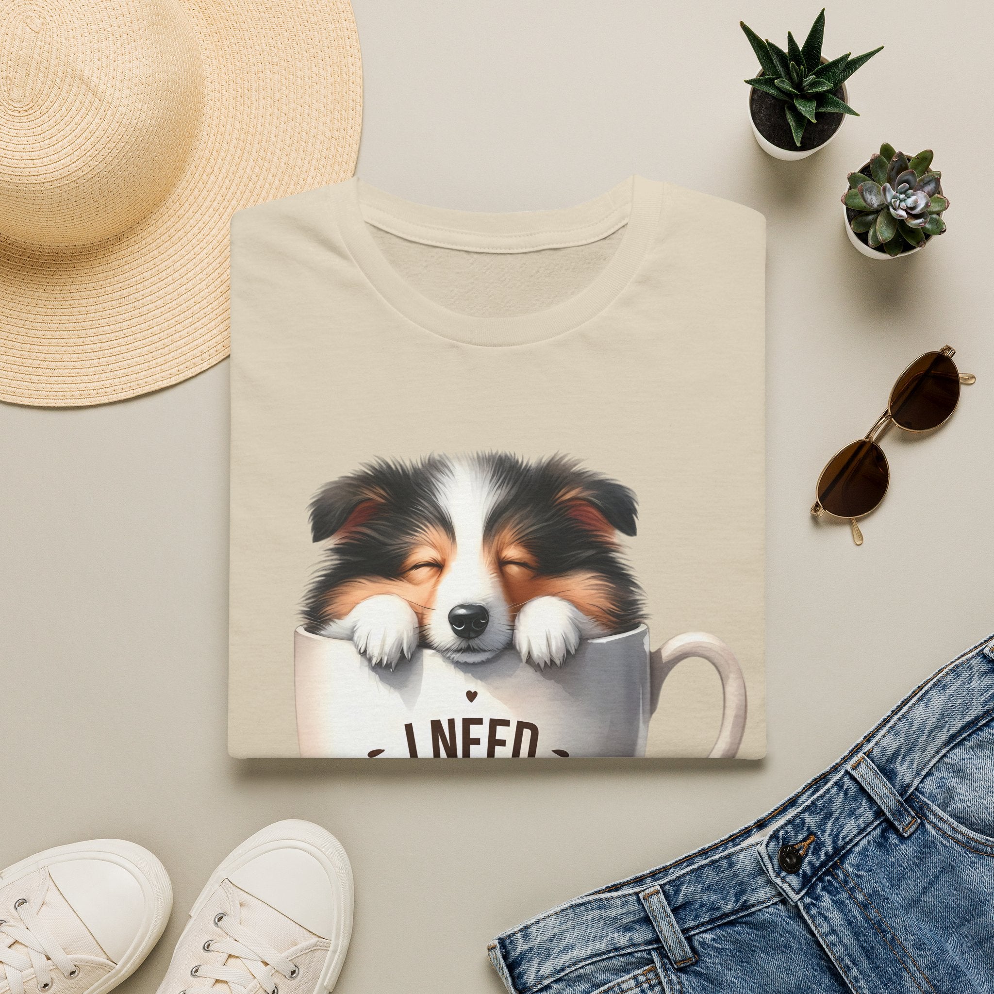 I Need Coffee Dog T-Shirt | Coffee Cup, Shetland Sheepdog Illustration
