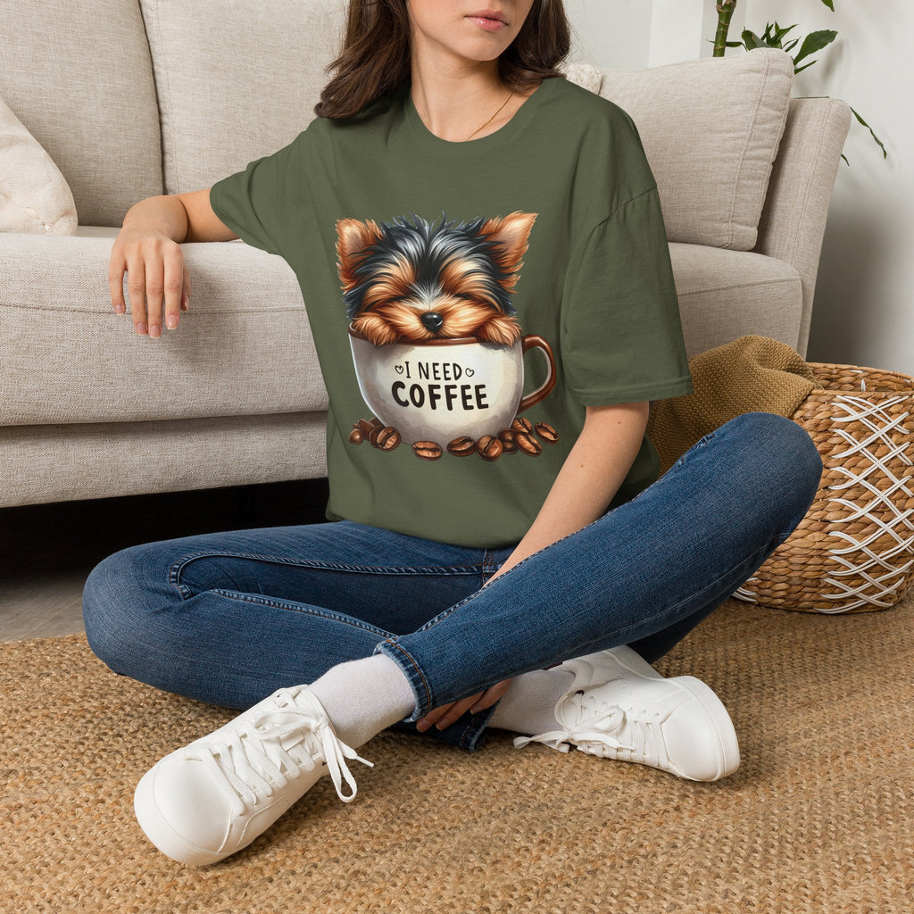 Cute Yorkie in Coffee Cup T-Shirt | I Need Coffee Puppy Graphic Tee