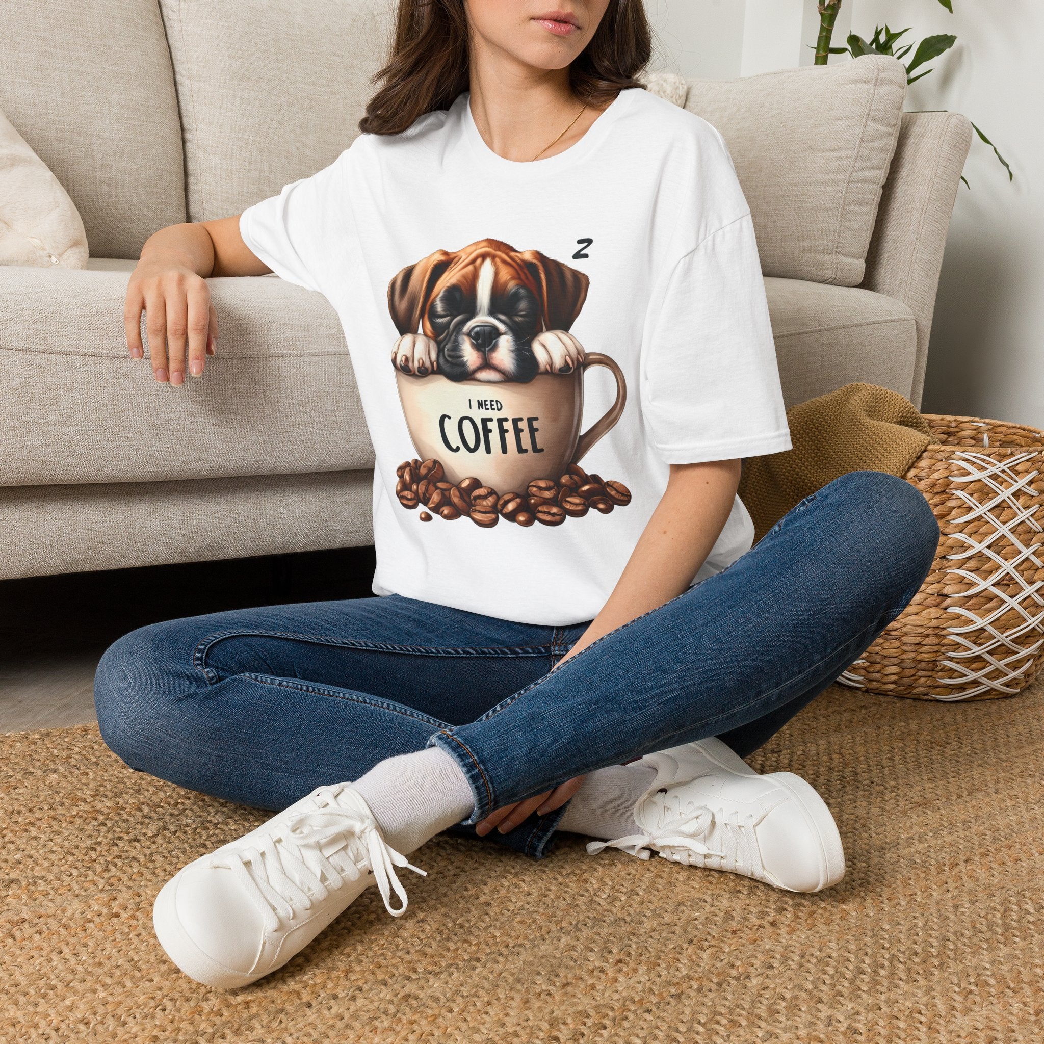 Sleeping Puppy in Coffee Cup T-Shirt | I Need Coffee Design