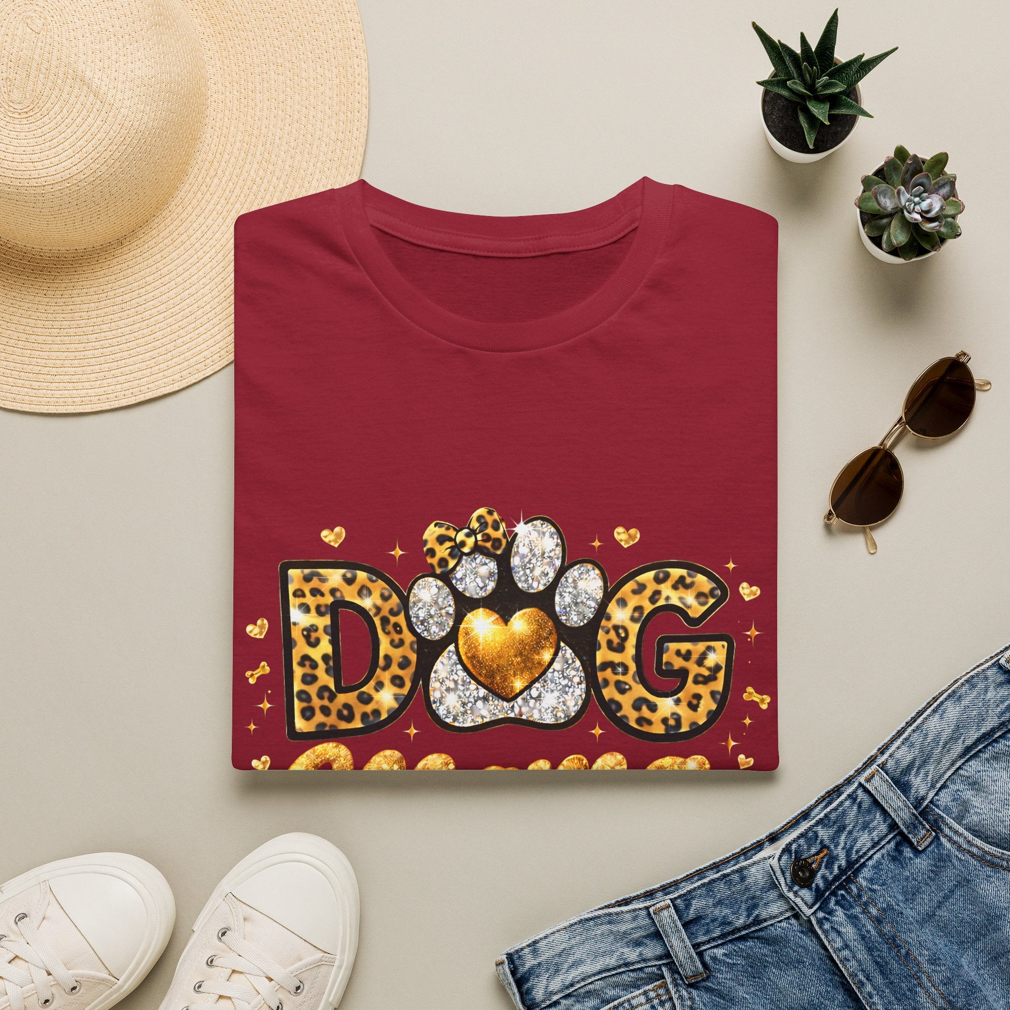 Dog Mama T-Shirt | Leopard Heart Paw Print, Gold Glitter Script