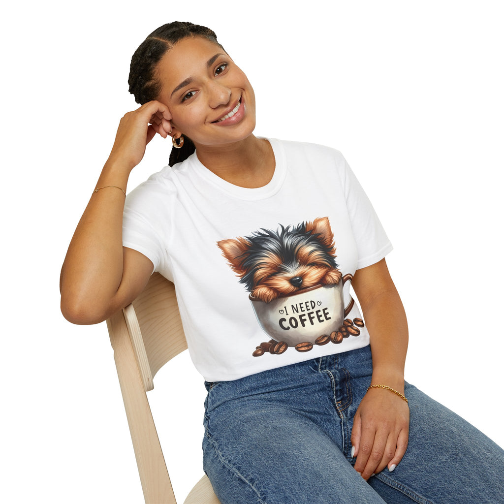 Cute Yorkie in Coffee Cup T-Shirt | I Need Coffee Puppy Graphic Tee