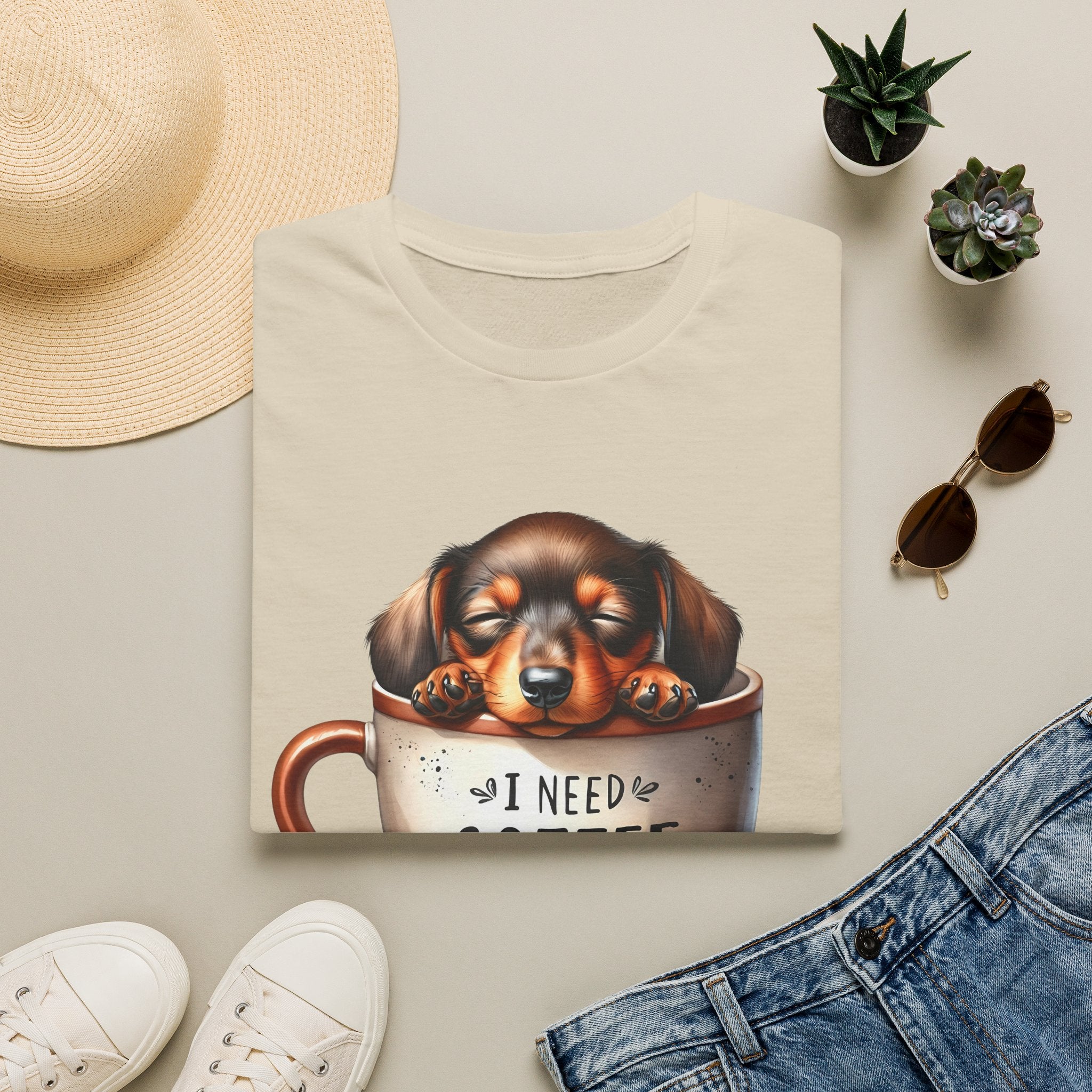 Sleepy Dachshund in Coffee Cup T-Shirt | I Need Coffee, Coffee Beans