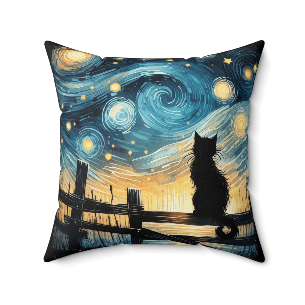 Starry Night Cat pillow | Square Decorative Pillow, Van Gogh Style Night Sky