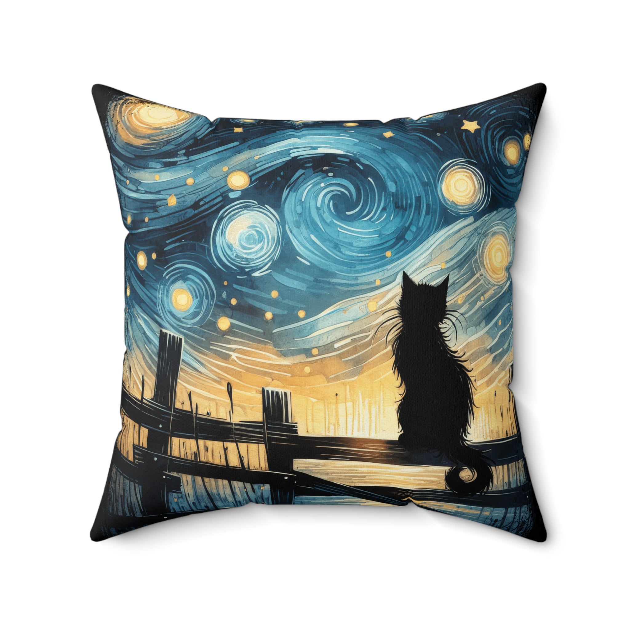 Starry Night Cat pillow | Square Decorative Pillow, Van Gogh Style Night Sky