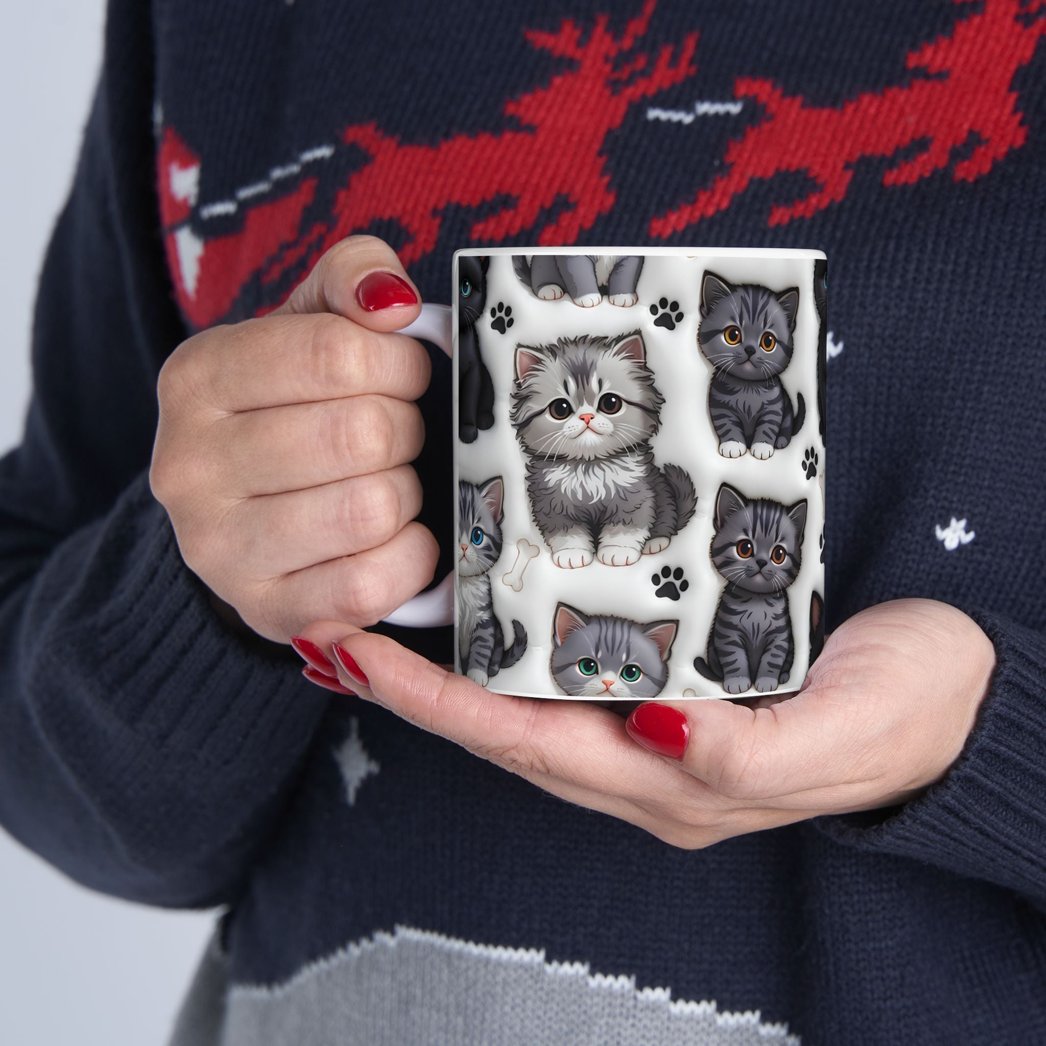 Cute Black and Tabby Kittens Mug | Ceramic Cat Pattern Mug