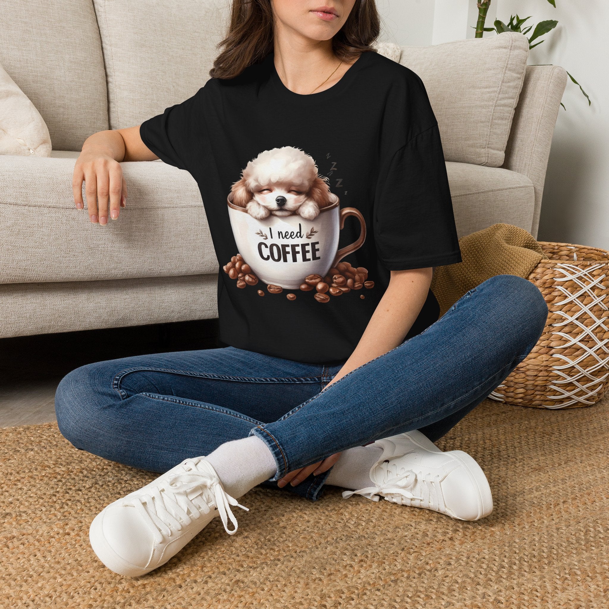Sleeping Puppy in Coffee Cup T-Shirt | I Need Coffee Dog Design