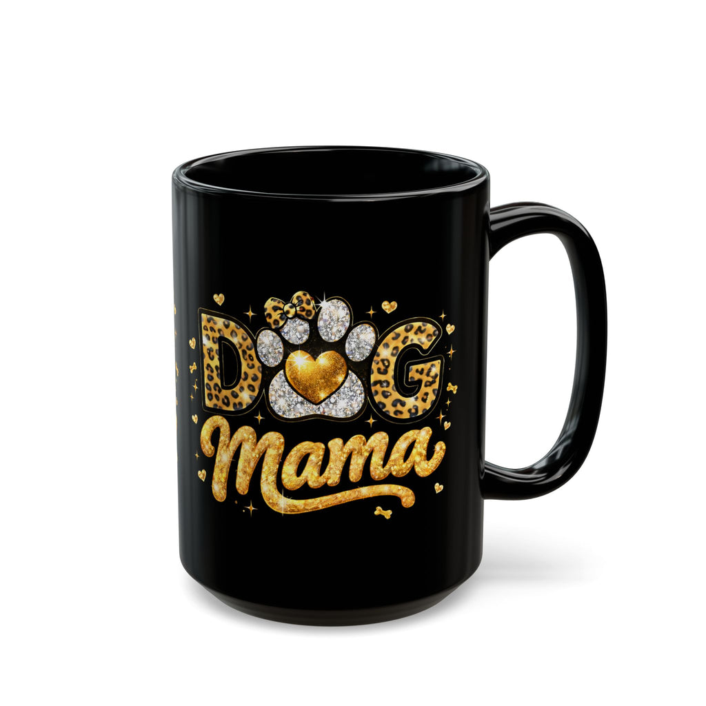 Dog Mama Black Mug | Paw Print Leopard Heart Design