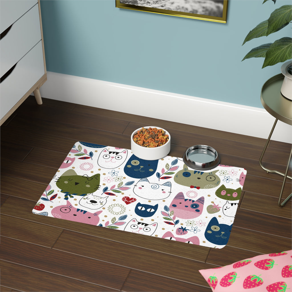 Cute Cat Faces Pattern Pet Food Mat | Cat Feeding Placemat 12x18