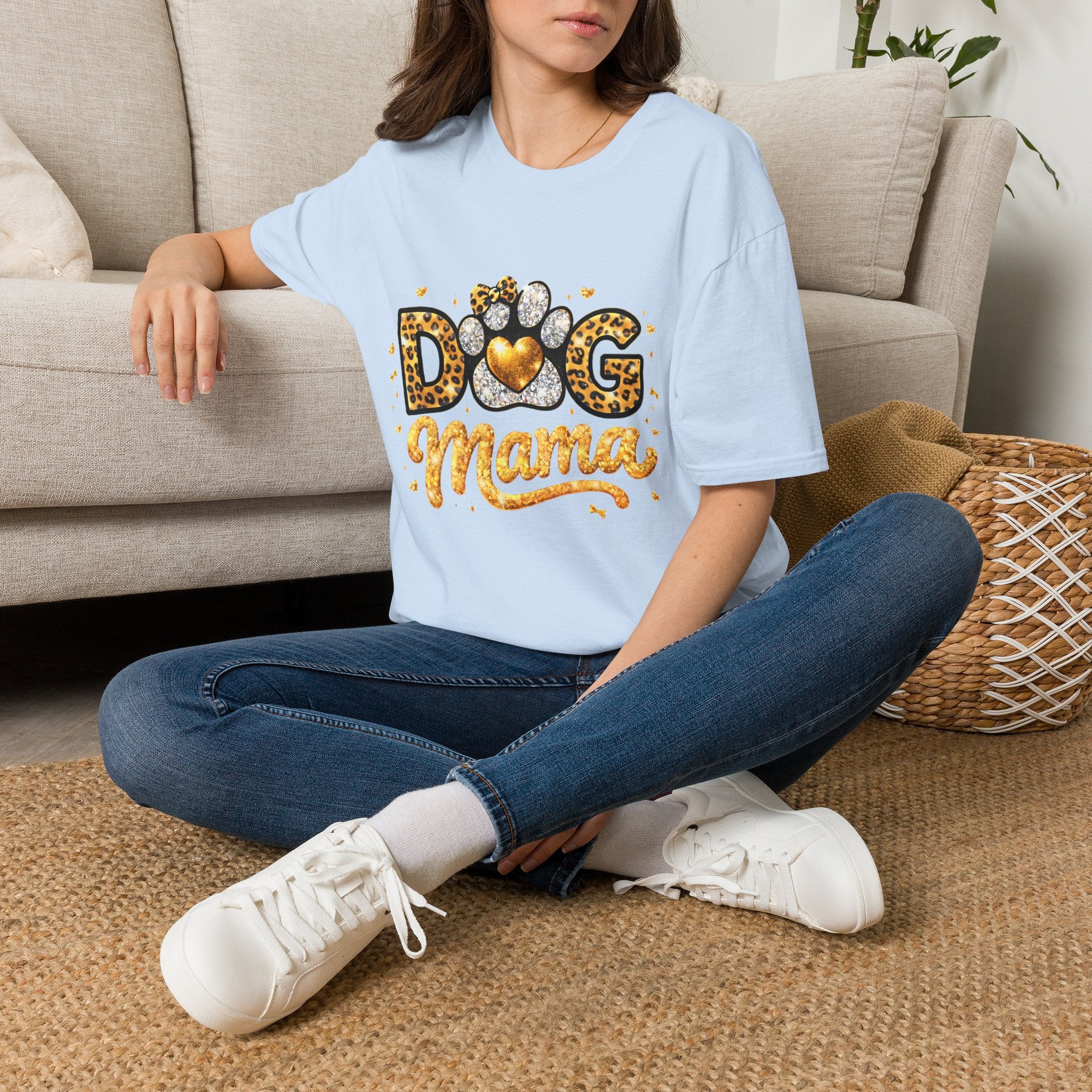 Dog Mama T-Shirt | Leopard Heart Paw Print, Gold Glitter Script