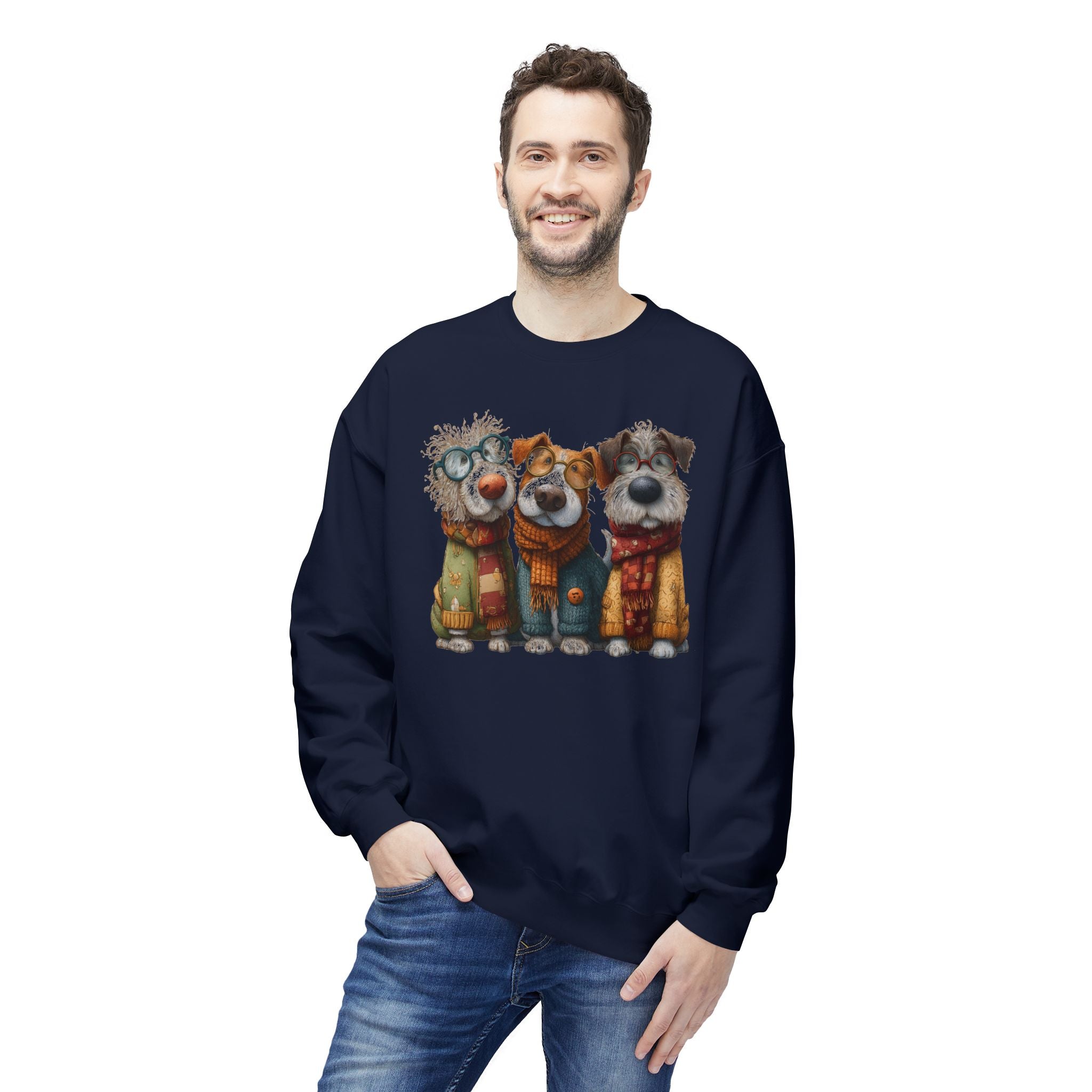 Three Cartoon Dogs in Scarves Sweatshirt | Cute Winter Pup Trio