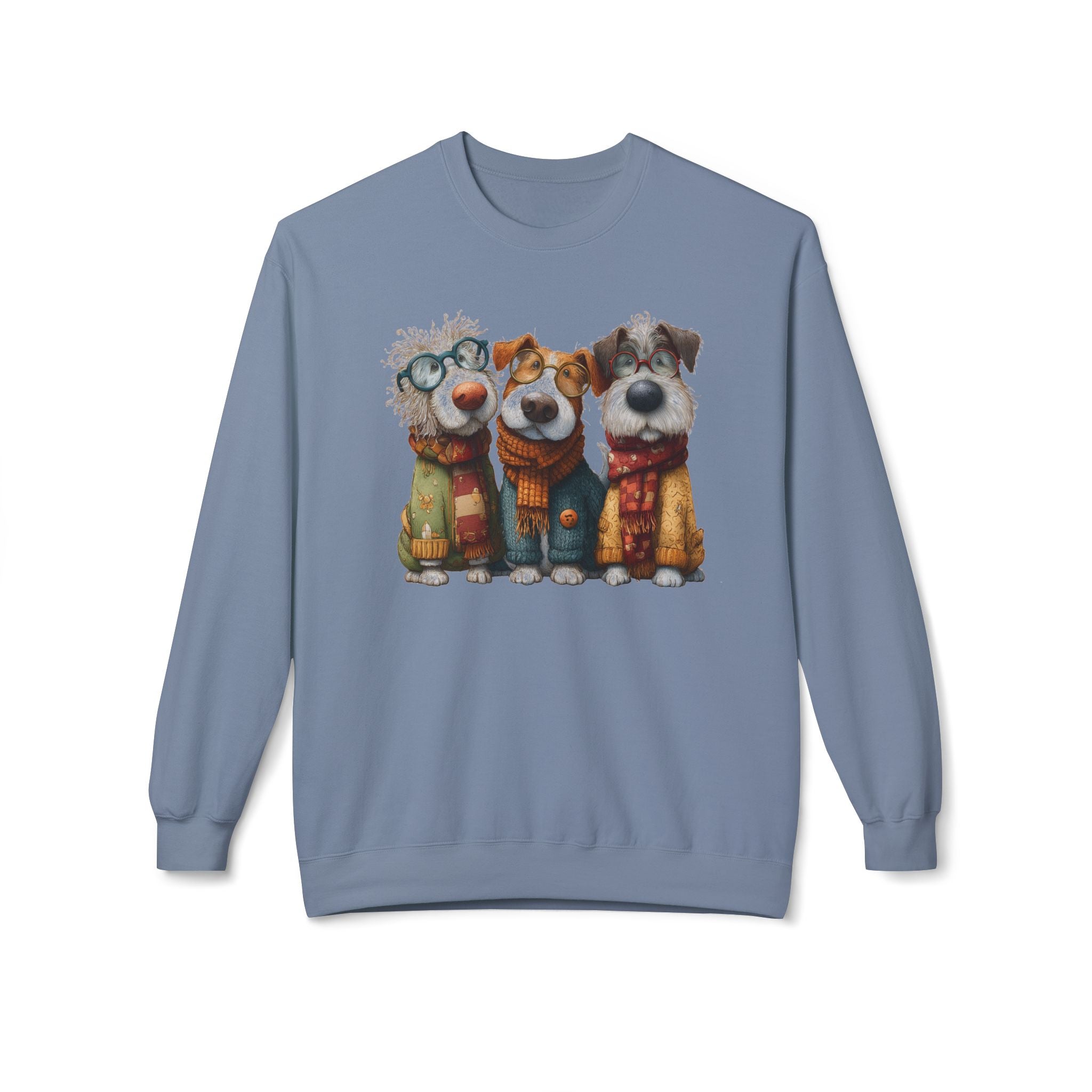 Three Cartoon Dogs in Scarves Sweatshirt | Cute Winter Pup Trio