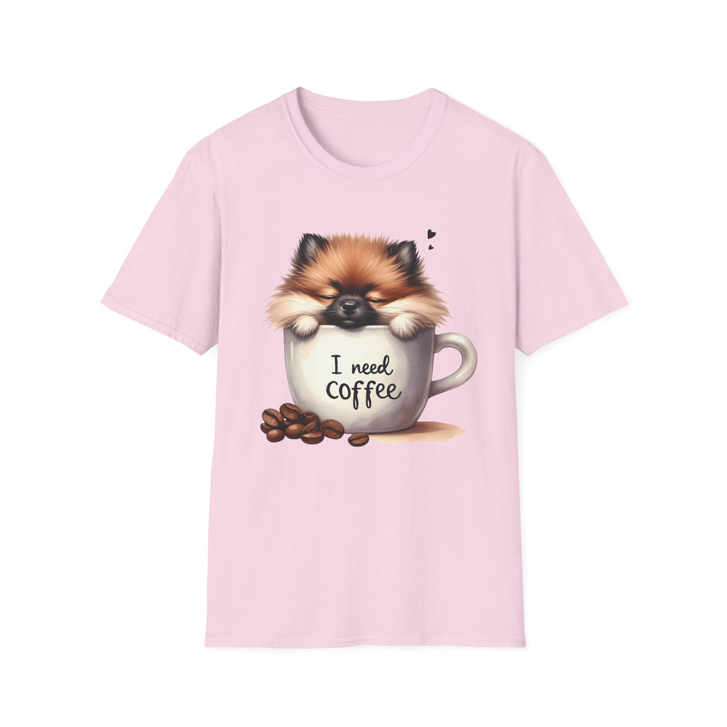 Cute Pomeranian in Coffee Mug T-Shirt | I Need Coffee, Dog Coffee Tee