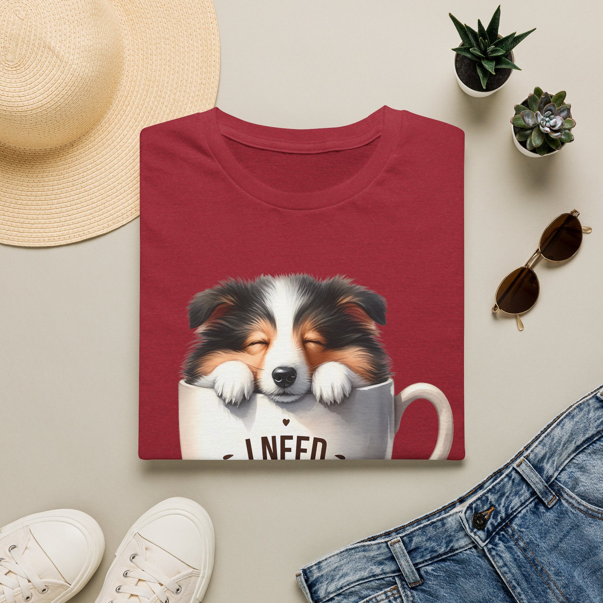 I Need Coffee Dog T-Shirt | Coffee Cup, Shetland Sheepdog Illustration