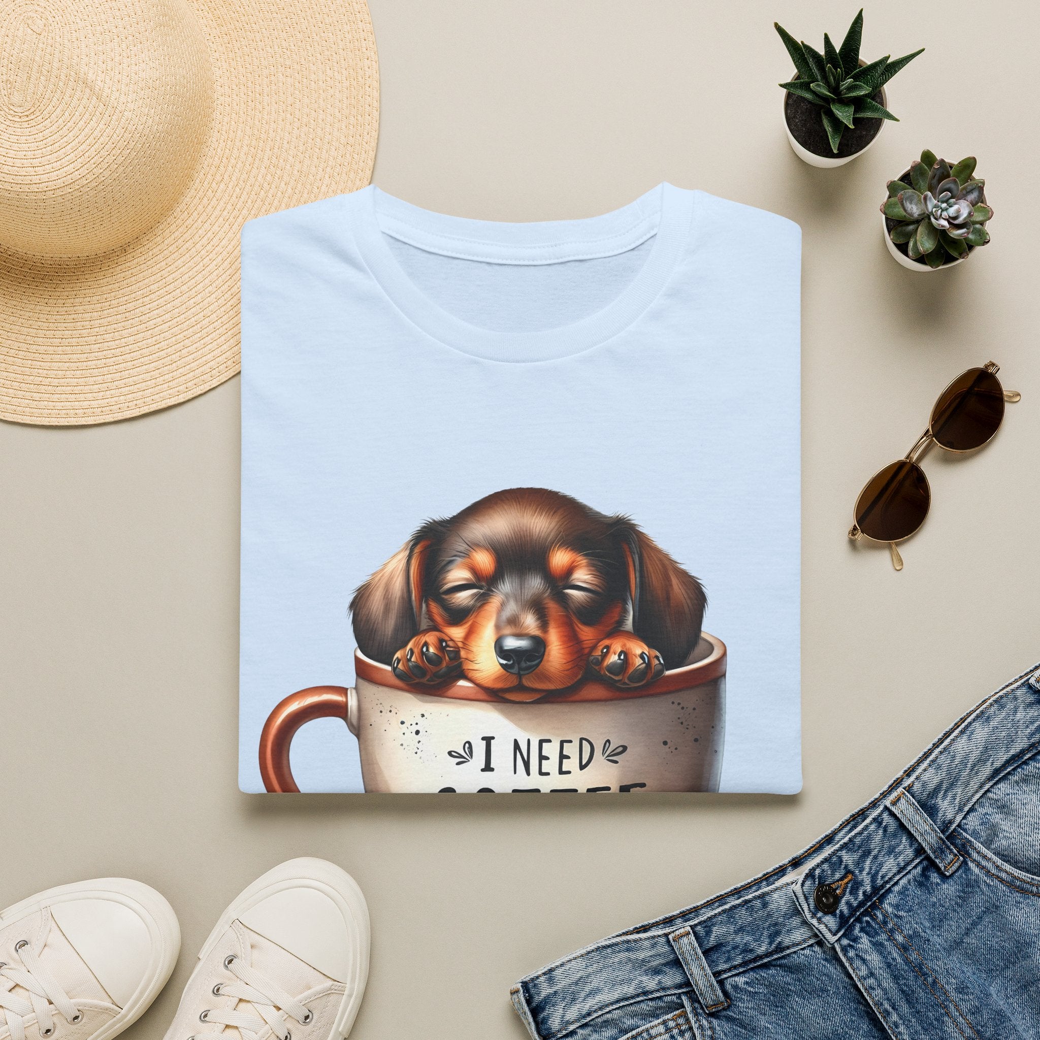 Sleepy Dachshund in Coffee Cup T-Shirt | I Need Coffee, Coffee Beans