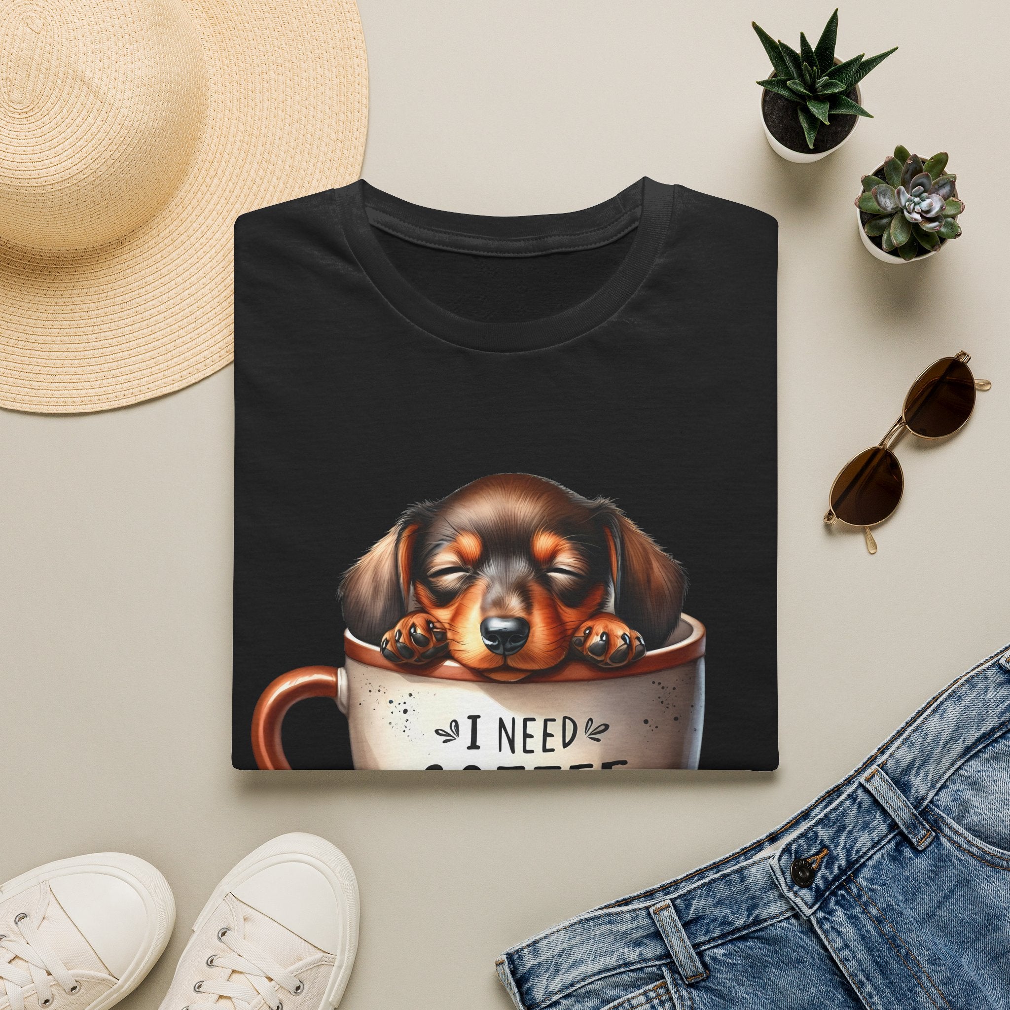 Sleepy Dachshund in Coffee Cup T-Shirt | I Need Coffee, Coffee Beans