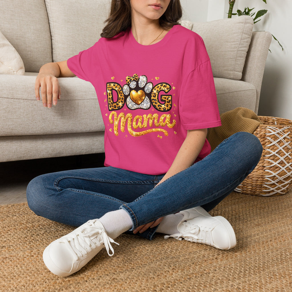 Dog Mama T-Shirt | Leopard Heart Paw Print, Gold Glitter Script