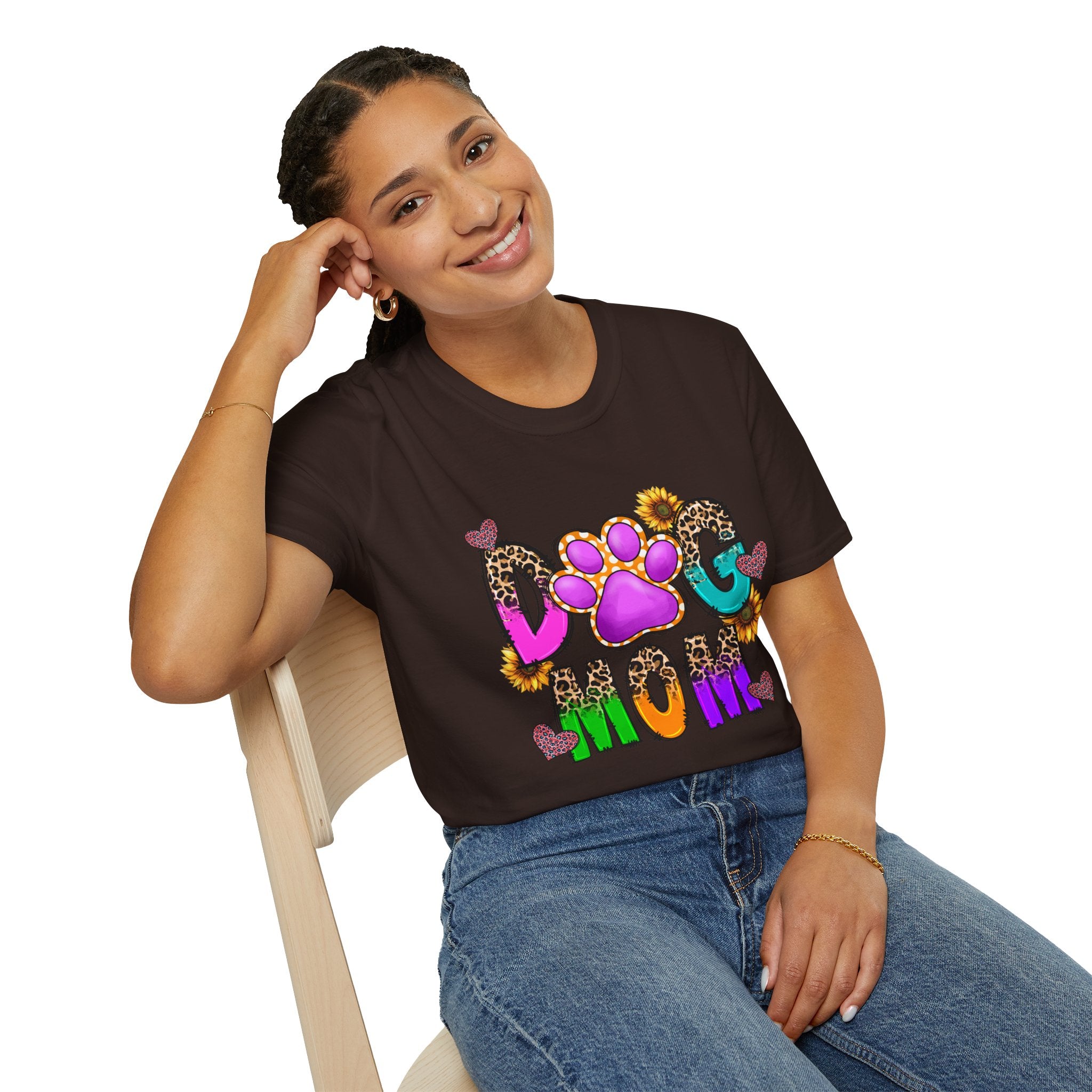 Dog Mom colorful paw print design T-Shirt | leopard hearts sunflower accents