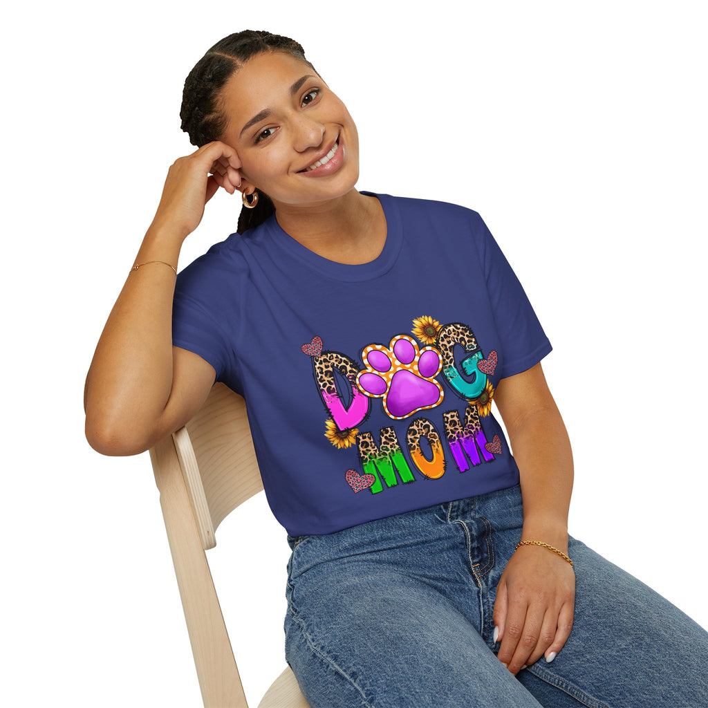 Dog Mom colorful paw print design T-Shirt | leopard hearts sunflower accents