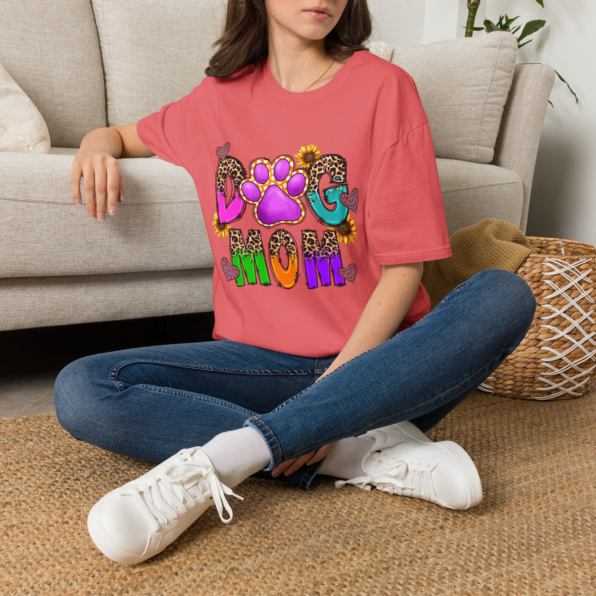 Dog Mom colorful paw print design T-Shirt | leopard hearts sunflower accents
