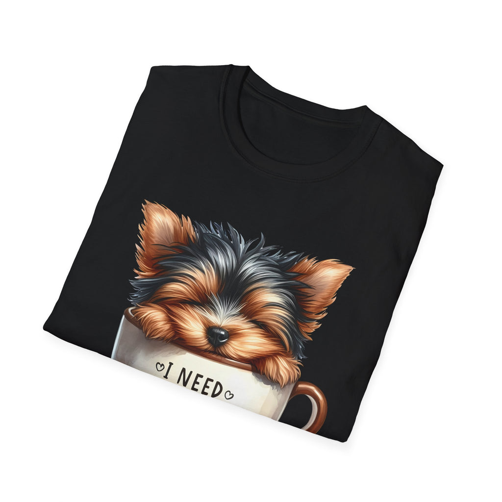 Cute Yorkie in Coffee Cup T-Shirt | I Need Coffee Puppy Graphic Tee