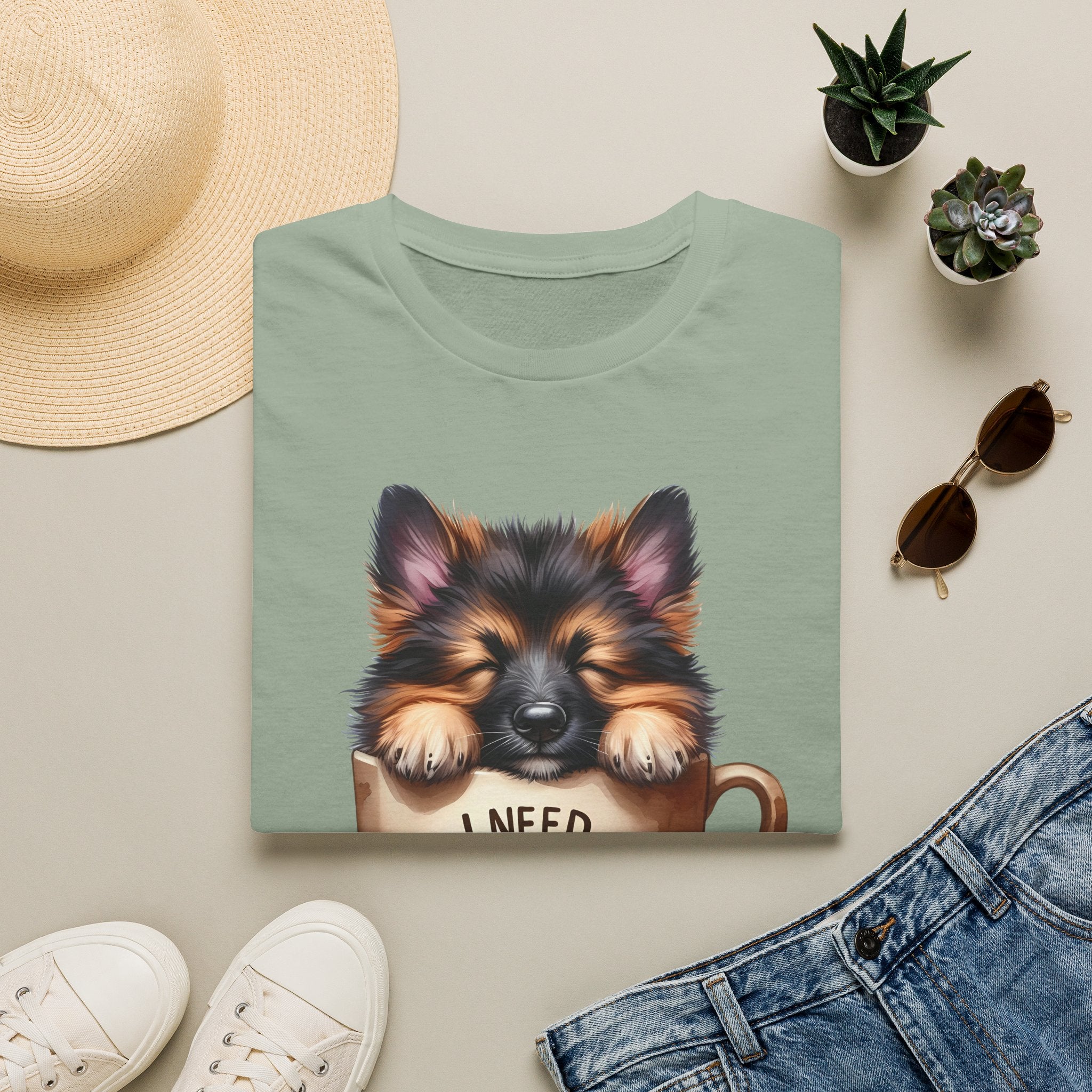 German Shepherd Puppy I Need Coffee T-Shirt | Cute Dog Coffee Design