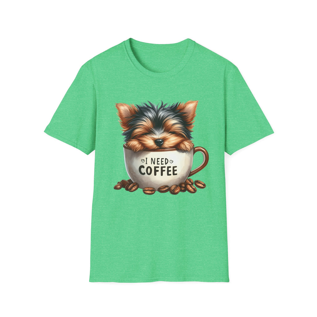 Cute Yorkie in Coffee Cup T-Shirt | I Need Coffee Puppy Graphic Tee
