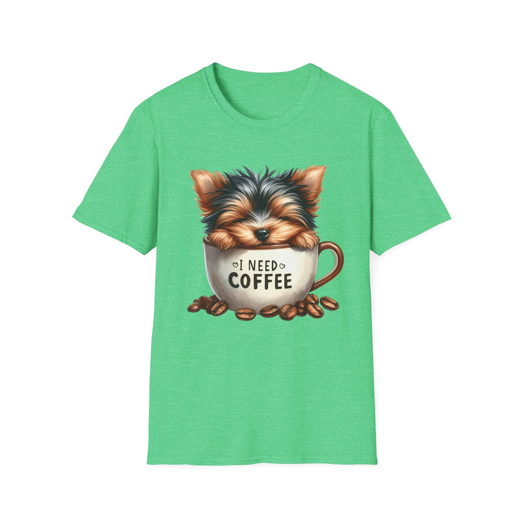 Cute Yorkie in Coffee Cup T-Shirt | I Need Coffee Puppy Graphic Tee