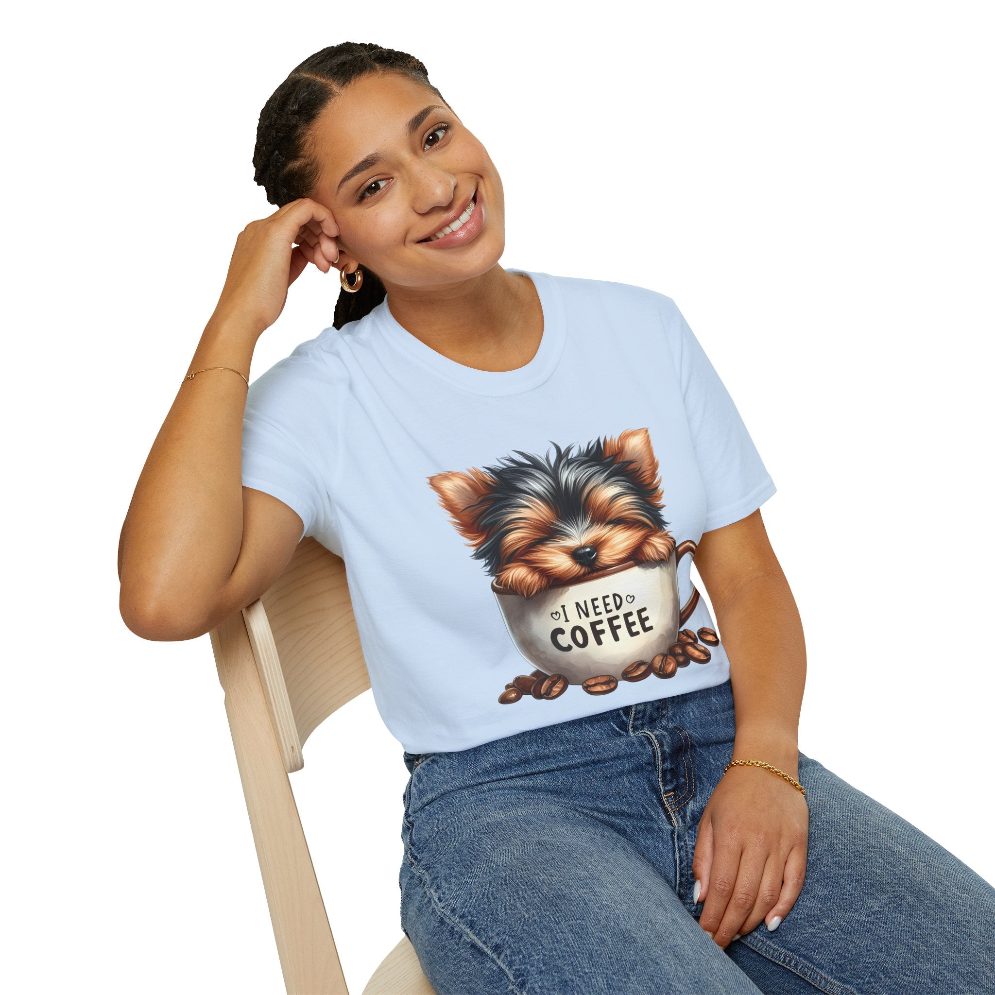 Cute Yorkie in Coffee Cup T-Shirt | I Need Coffee Puppy Graphic Tee