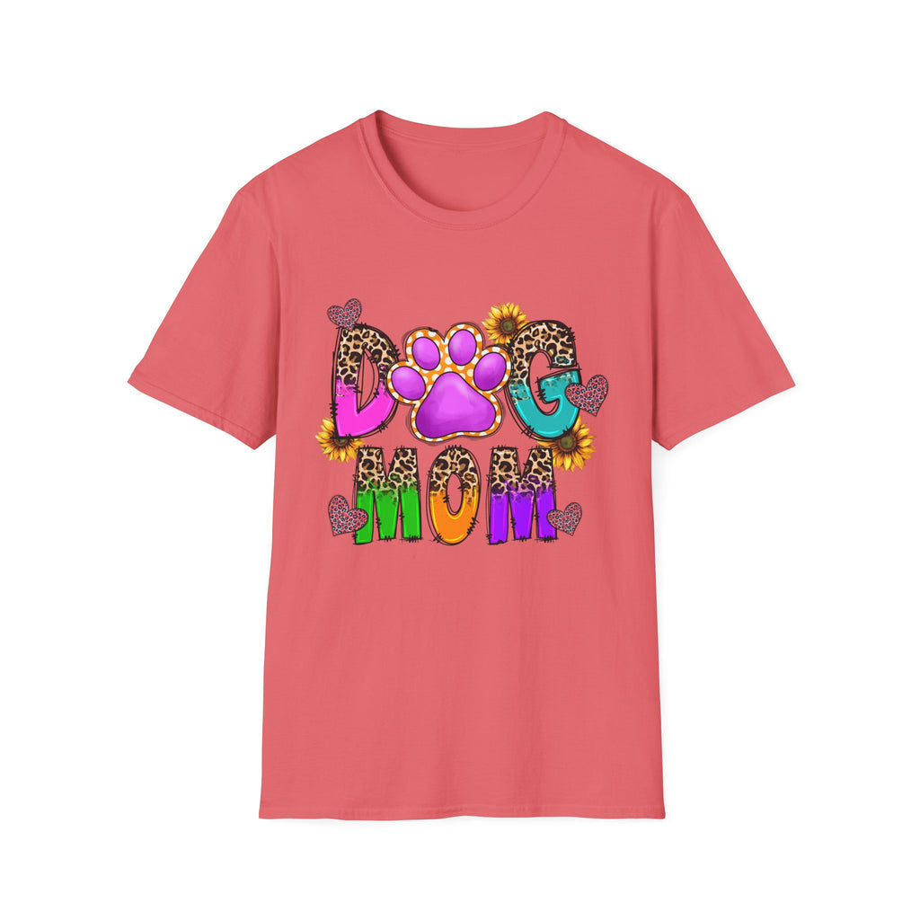 Dog Mom colorful paw print design T-Shirt | leopard hearts sunflower accents