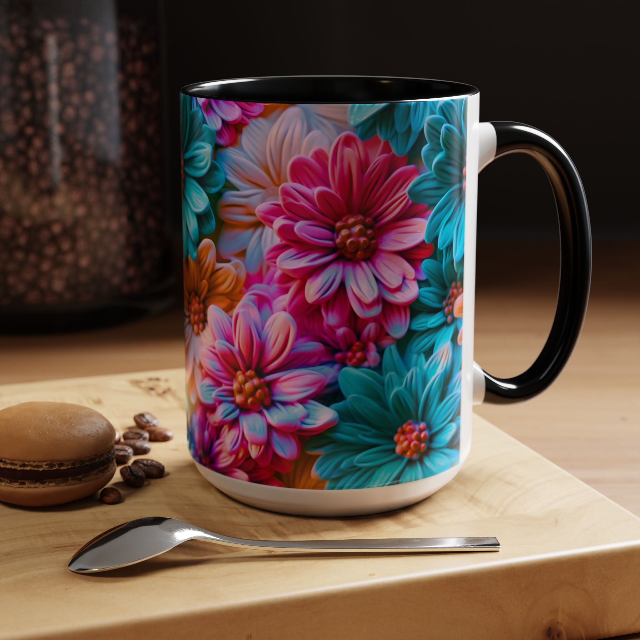 Vibrant Dahlia Floral Accent Mug | 11oz 15oz Ceramic Coffee Mug