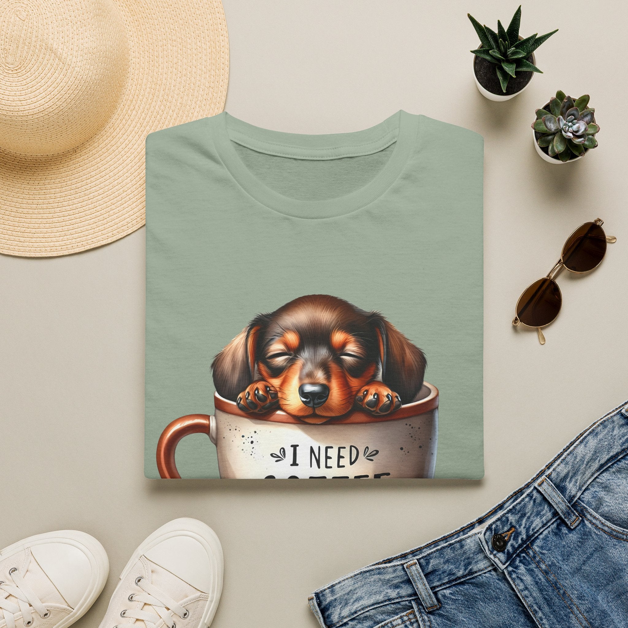 Sleepy Dachshund in Coffee Cup T-Shirt | I Need Coffee, Coffee Beans