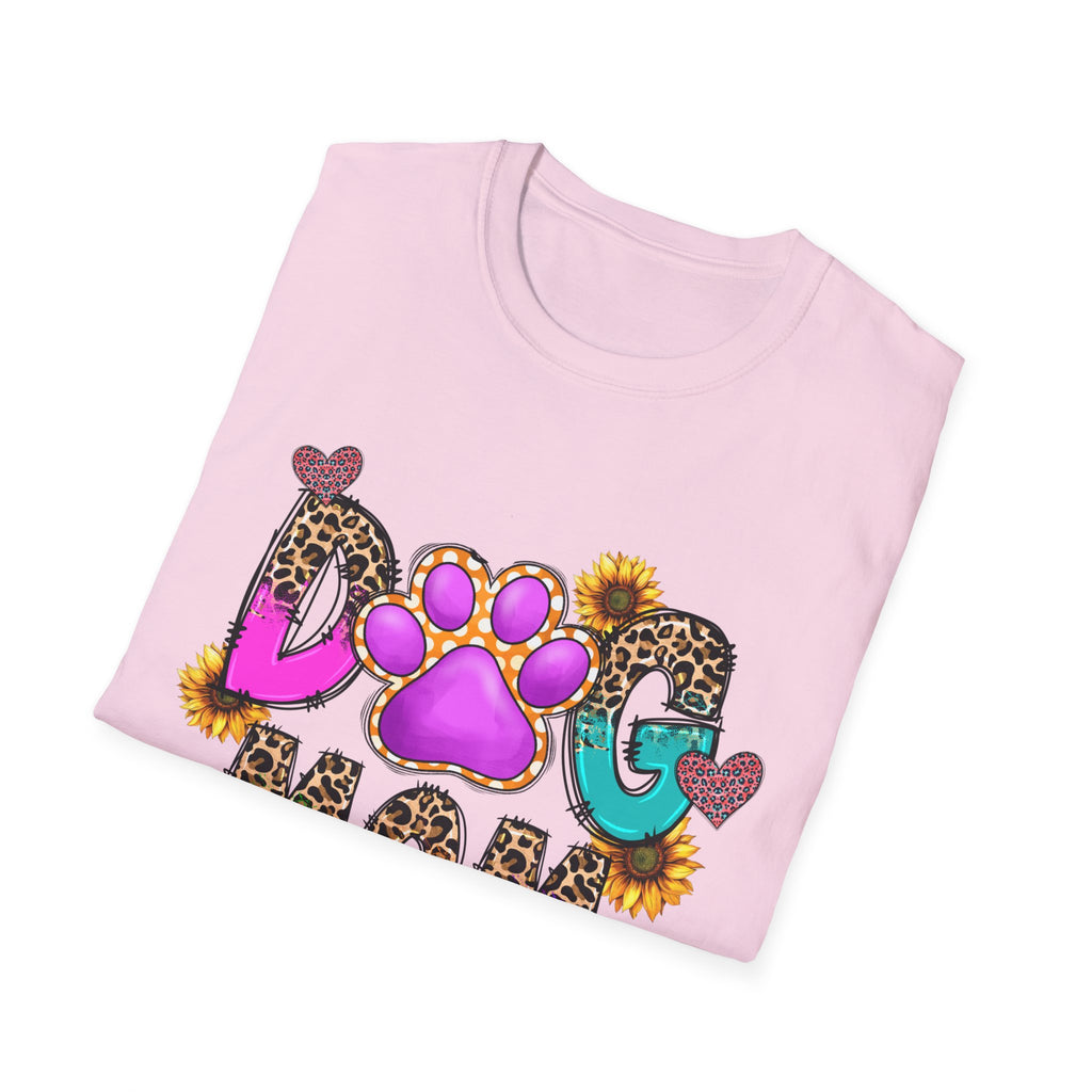 Dog Mom colorful paw print design T-Shirt | leopard hearts sunflower accents