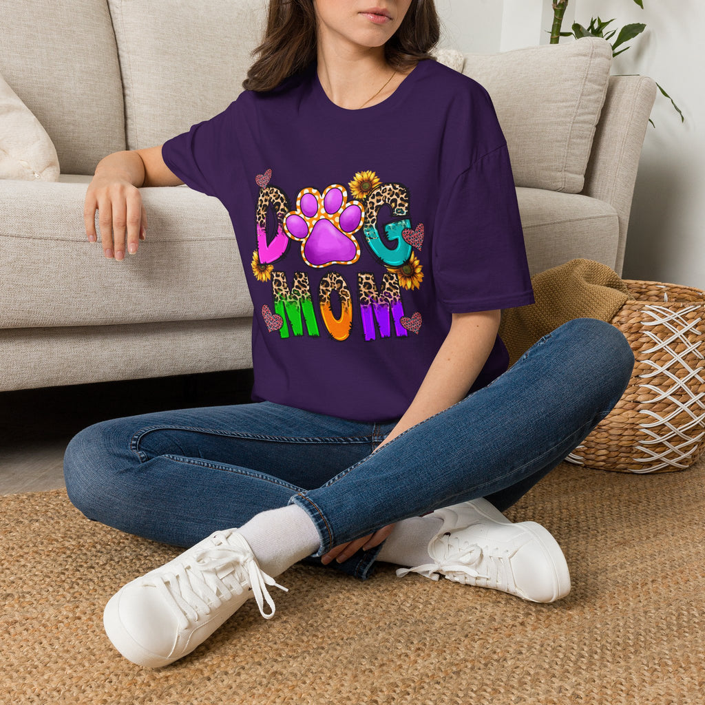 Dog Mom colorful paw print design T-Shirt | leopard hearts sunflower accents
