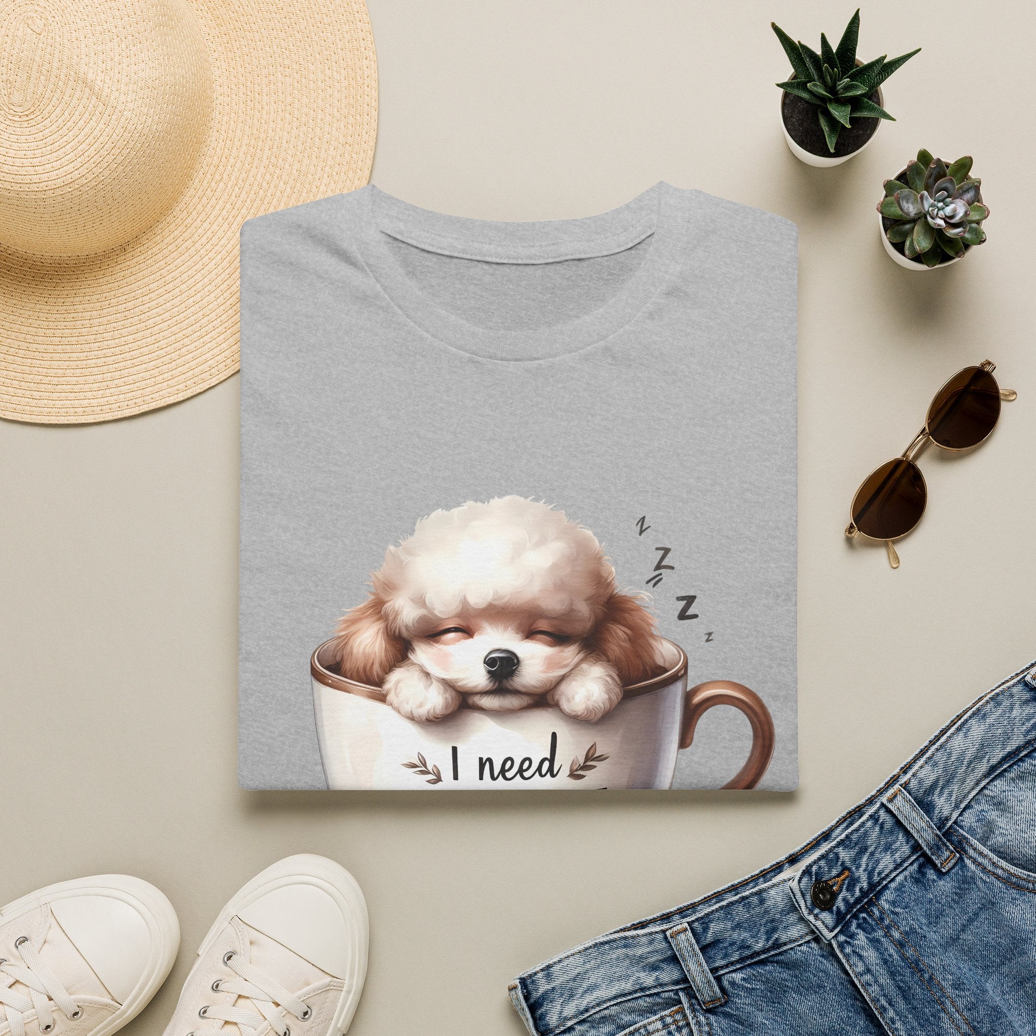 Sleeping Puppy in Coffee Cup T-Shirt | I Need Coffee Dog Design