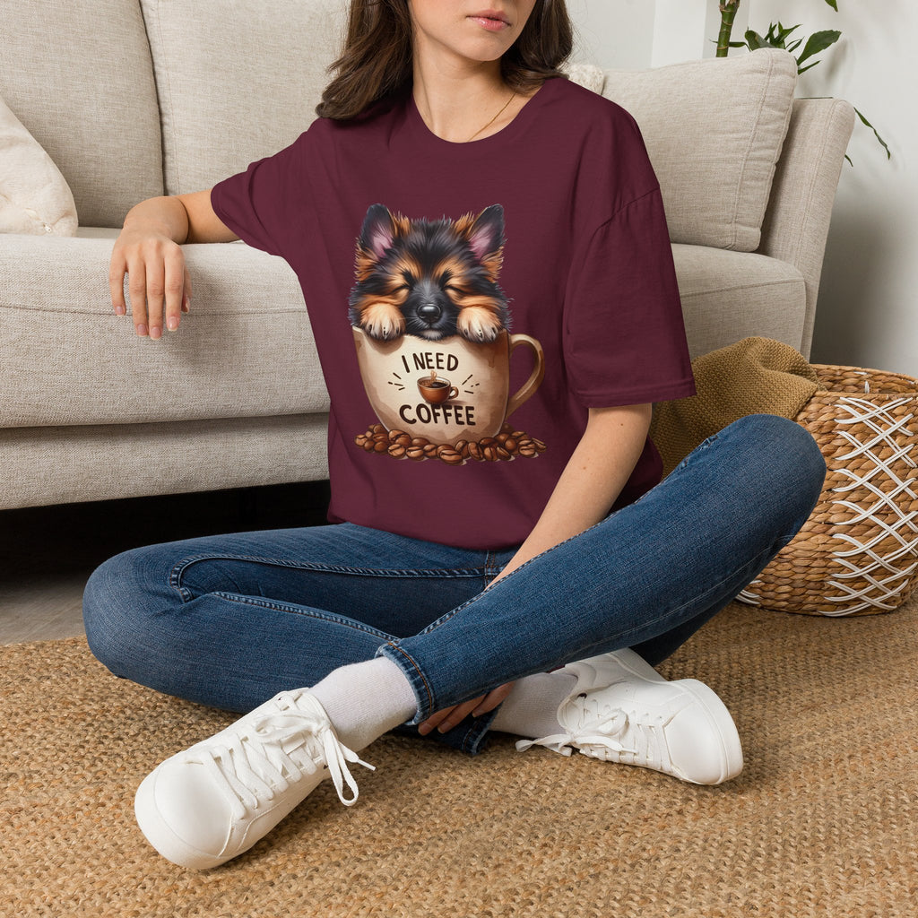 German Shepherd Puppy I Need Coffee T-Shirt | Cute Dog Coffee Design